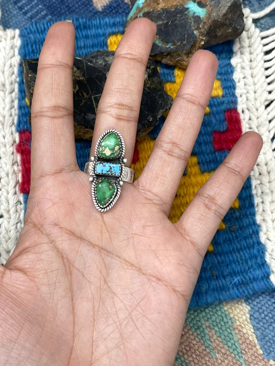 Handmade Sterling Silver Golden Hills with Sonoran Mountain Turquoise Adjustable Ring " Signed Nizhoni"