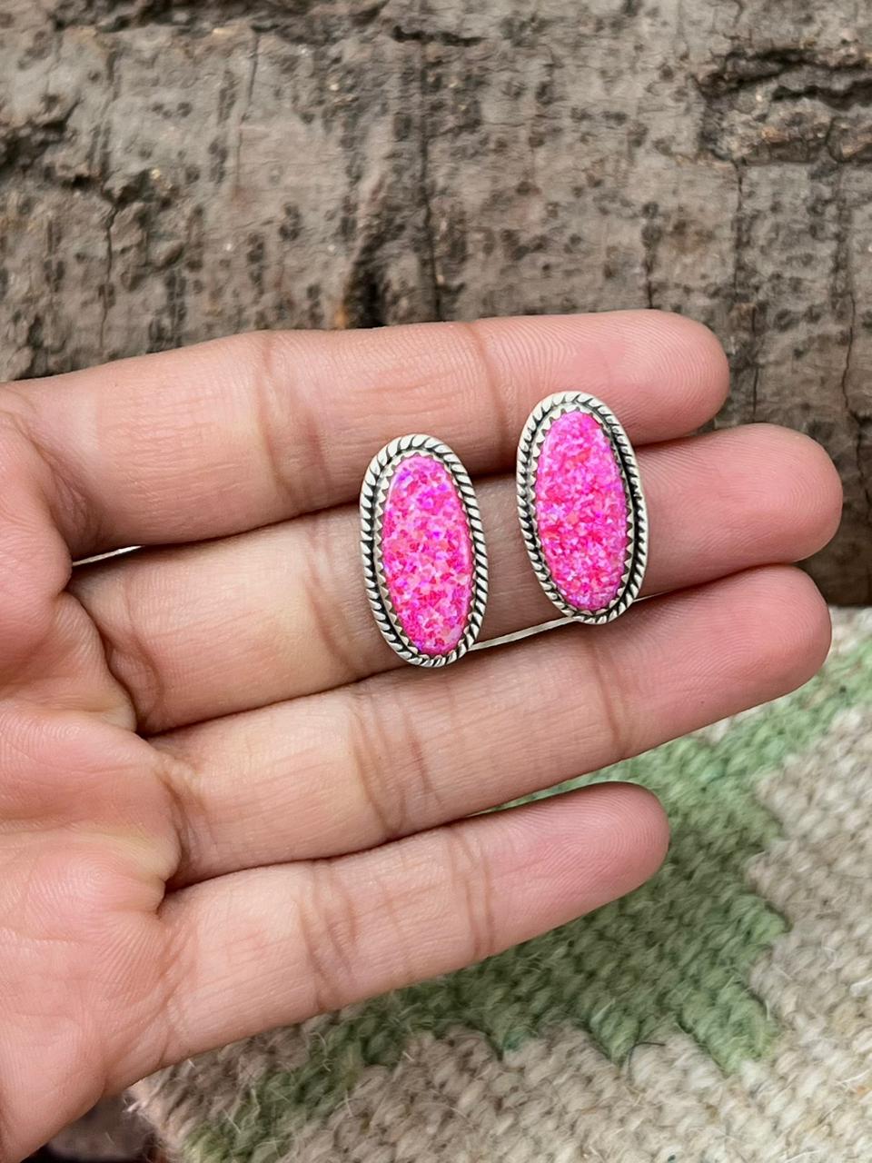 Handmade Sterling Silver Hot Pink Post Studs Earrings "Signed Nizhoni"