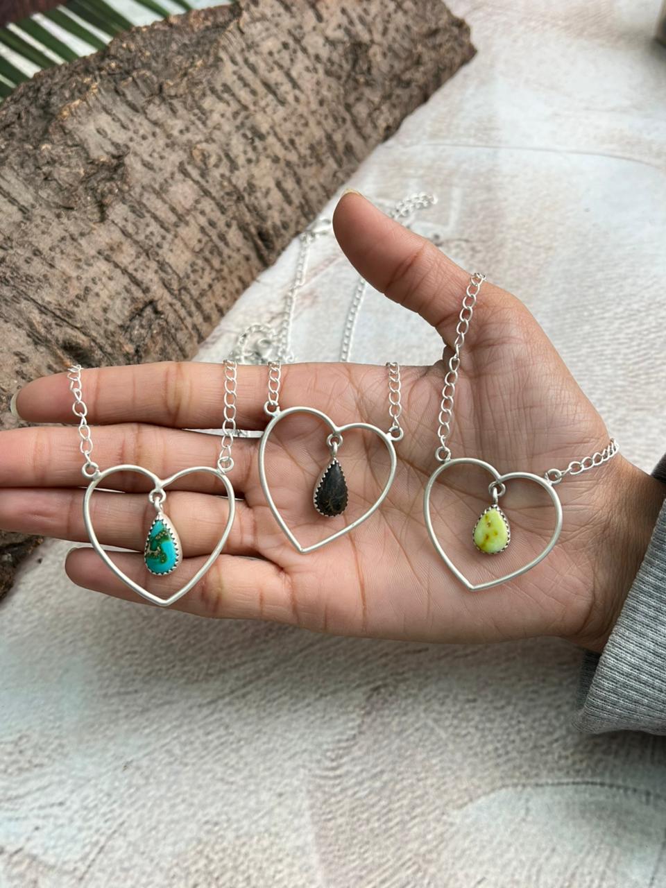 Handmade Sterling Silver Multi Stone Heart Shape Necklace "Signed Nizhoni"