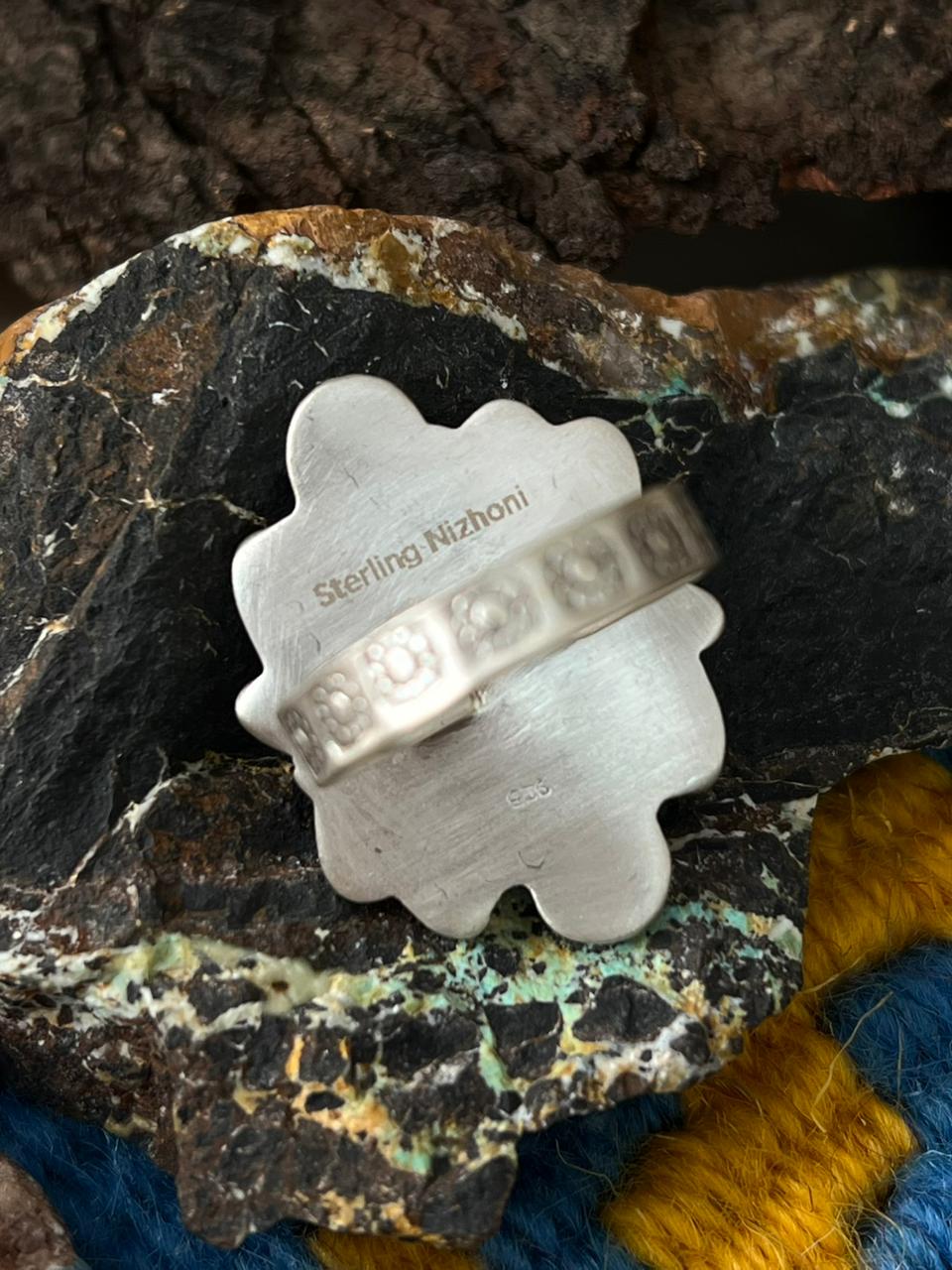 Handmade Sterling Silver Kingman Turquoise Adjustable Ring "Signed Nizhoni"