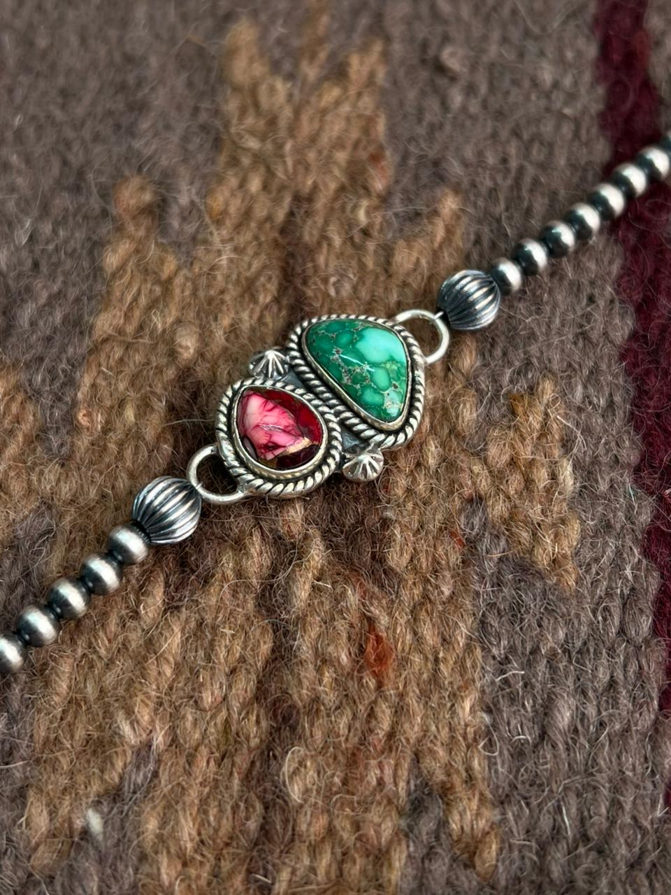 Handmade Sterling Silver Dahlia Rose with Emerald Valley Turquoise Beaded Bracelet "Signed Nizhoni"
