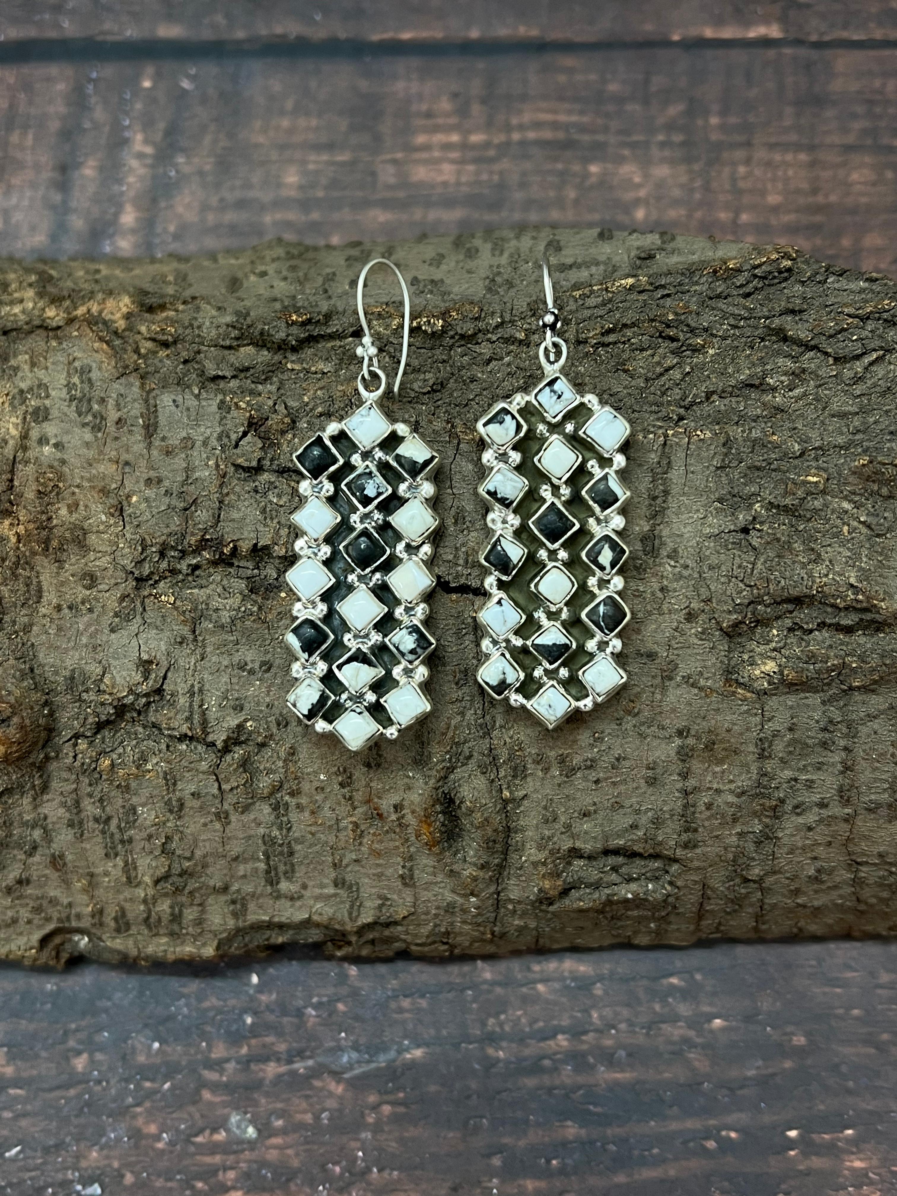 Handmade Sterling Silver White Buffalo Hook Dangle Earrings with Signed Nizhoni