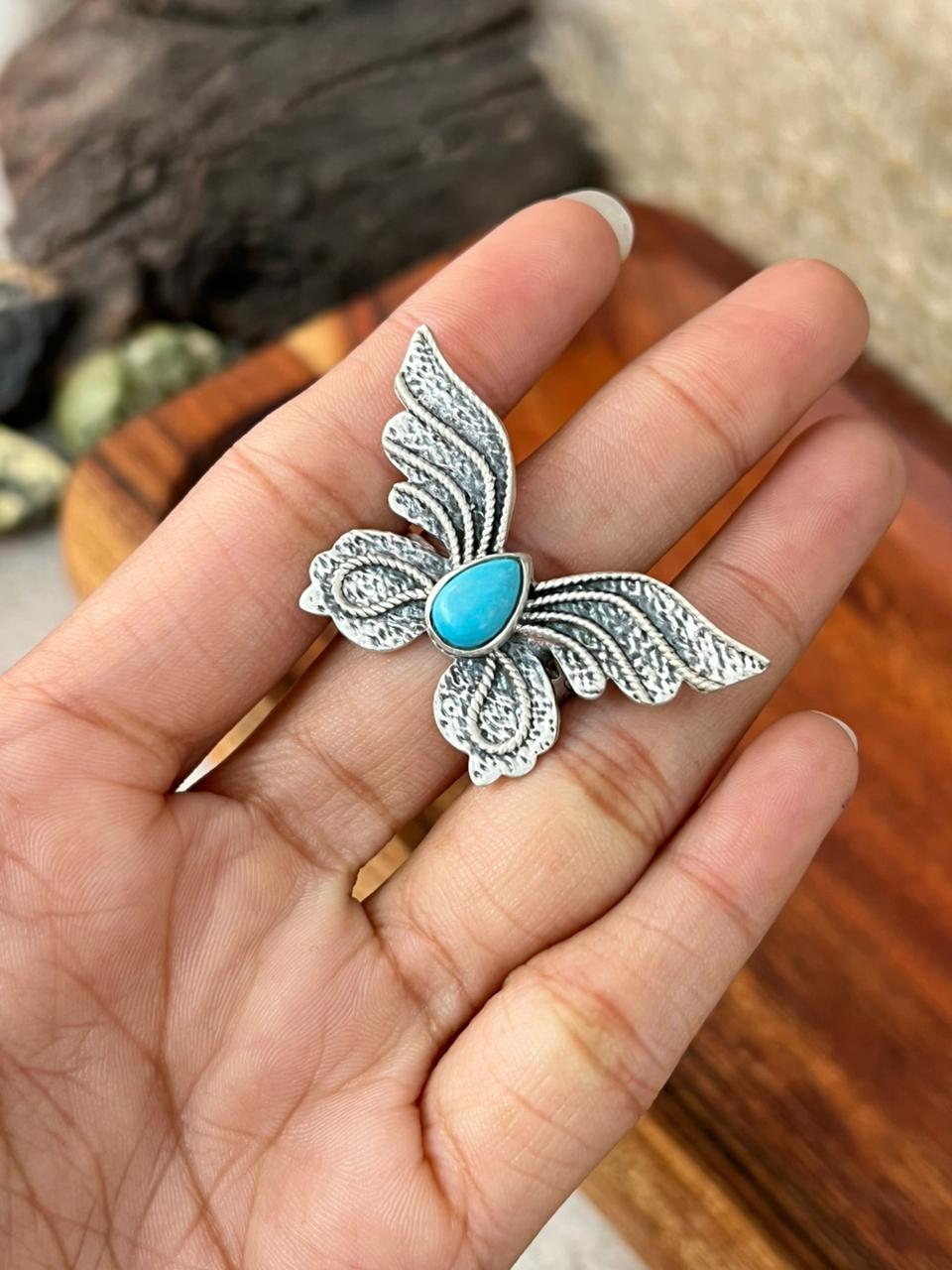 Handmade Sterling Silver Kingman Turquoise Adjustable Butterfly Ring "Signed Nizhoni"