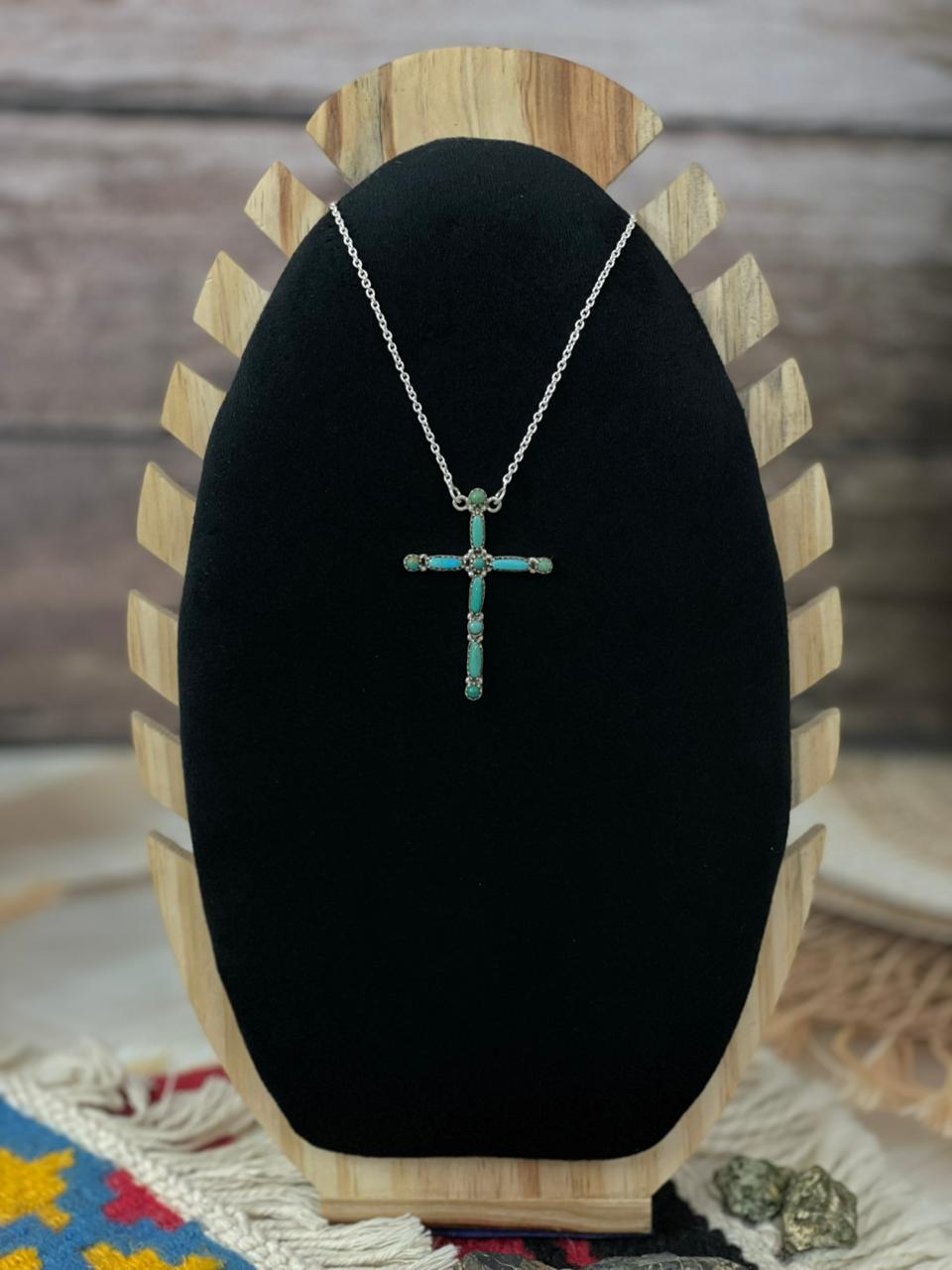 Handmade Sterling Silver Kingman Turquoise Cross Necklace "Signed Nizhoni"