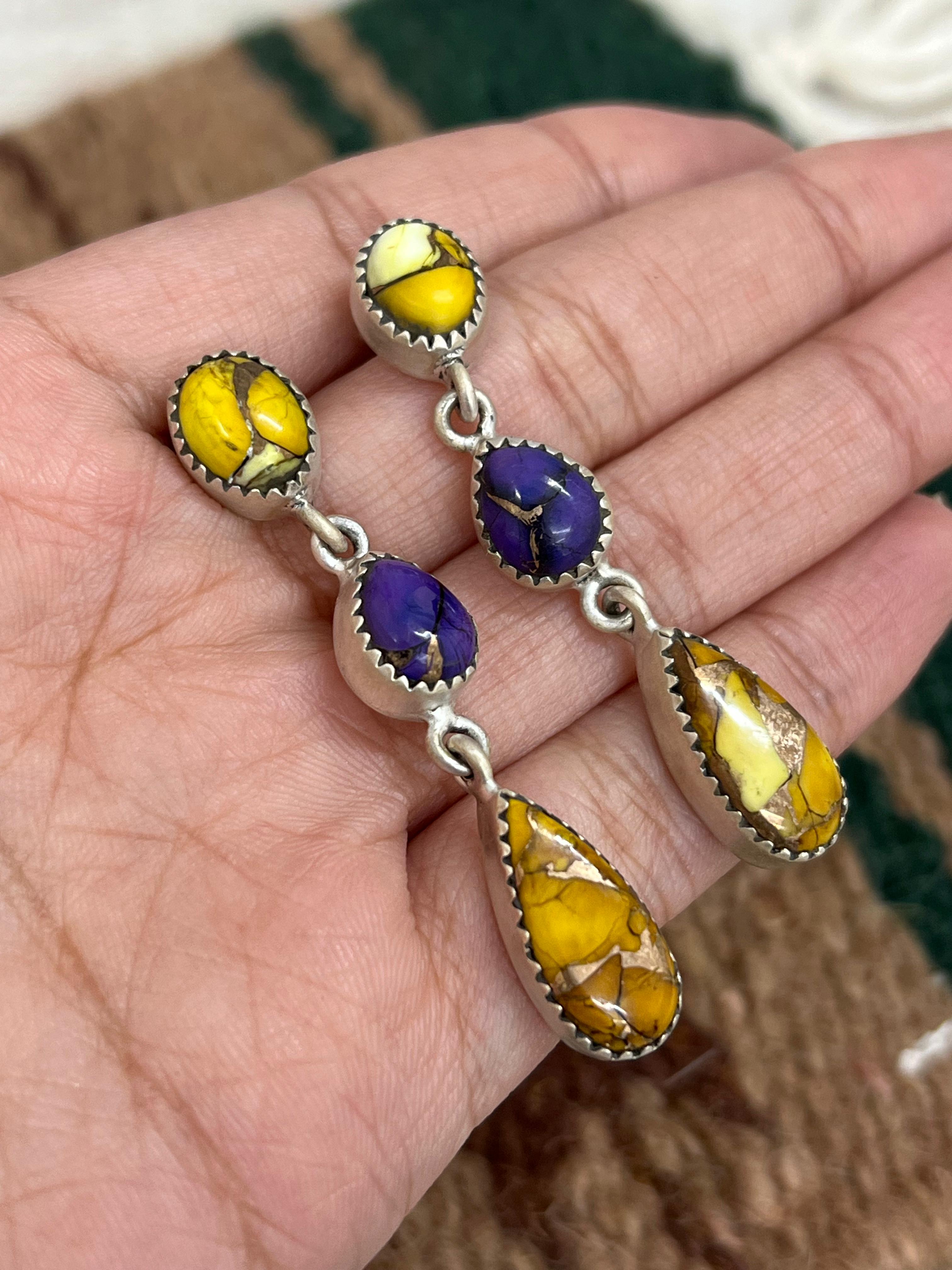 Handmade Sterling Silver Grape Dahlia With Honey Dahlia Post Studs with Signed Nizhoni