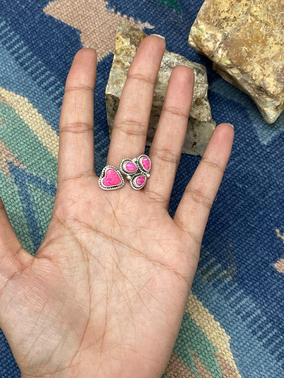 Handmade Sterling Silver Hot Pink Adjustable Ring " Signed Nizhoni"