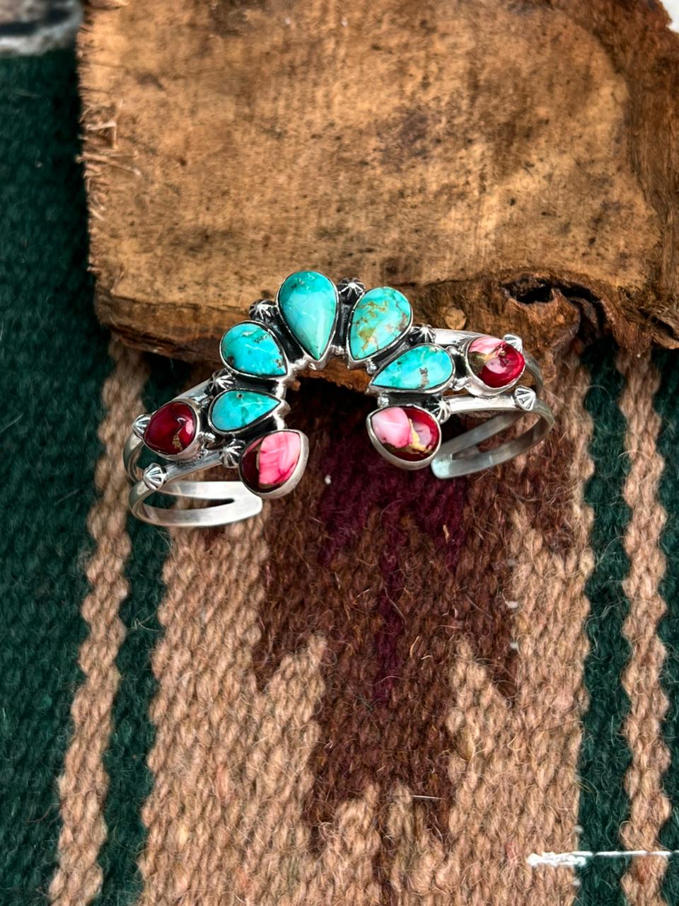 Handmade Sterling Silver Dahlia Rose with Emerald Valley Turquoise Cuff Bracelet "Signed Nizhoni"