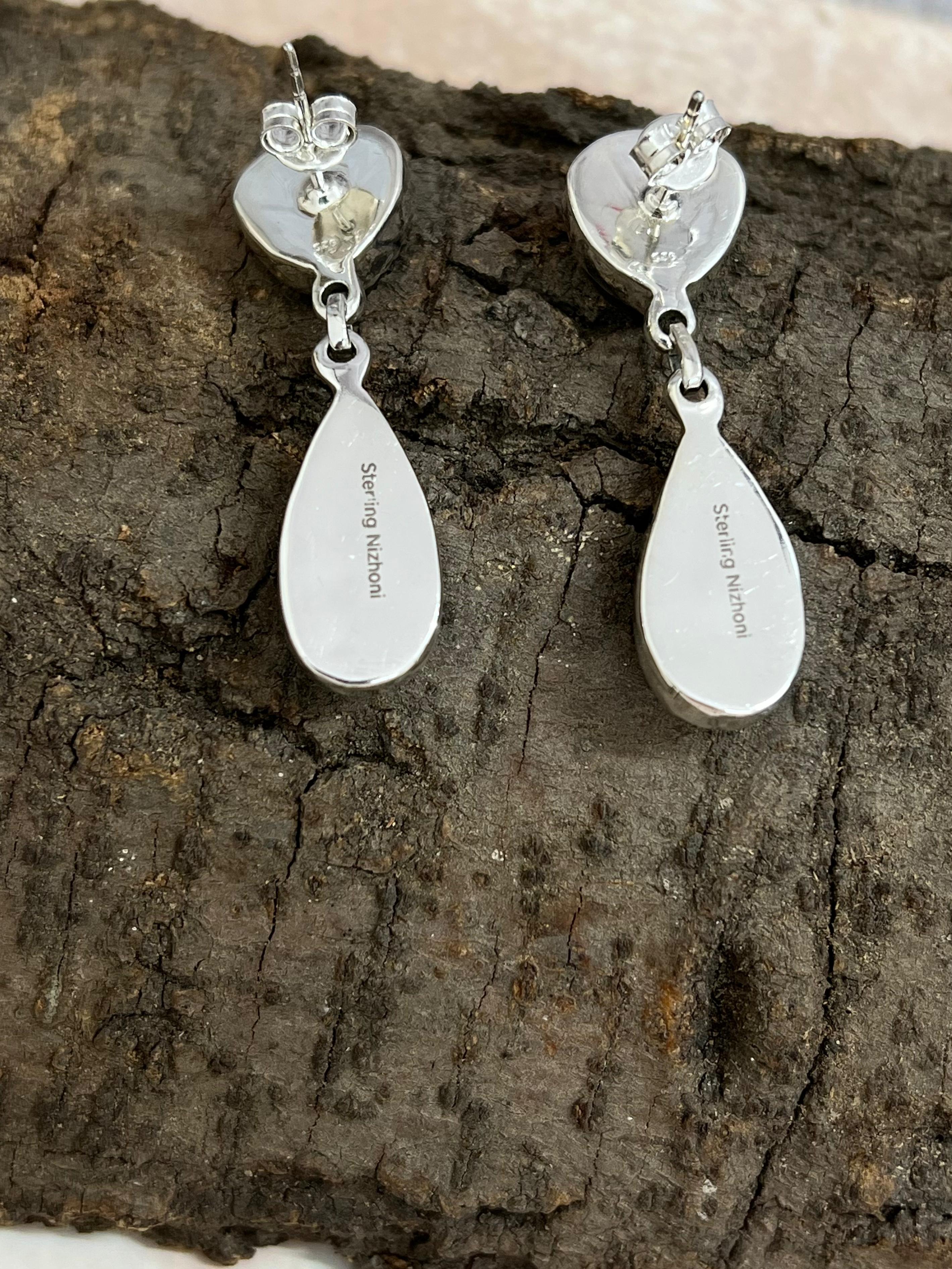 Handmade Sterling Silver Peacock Dahlia with Druzy Dangle Earrings with Signed Nizhoni