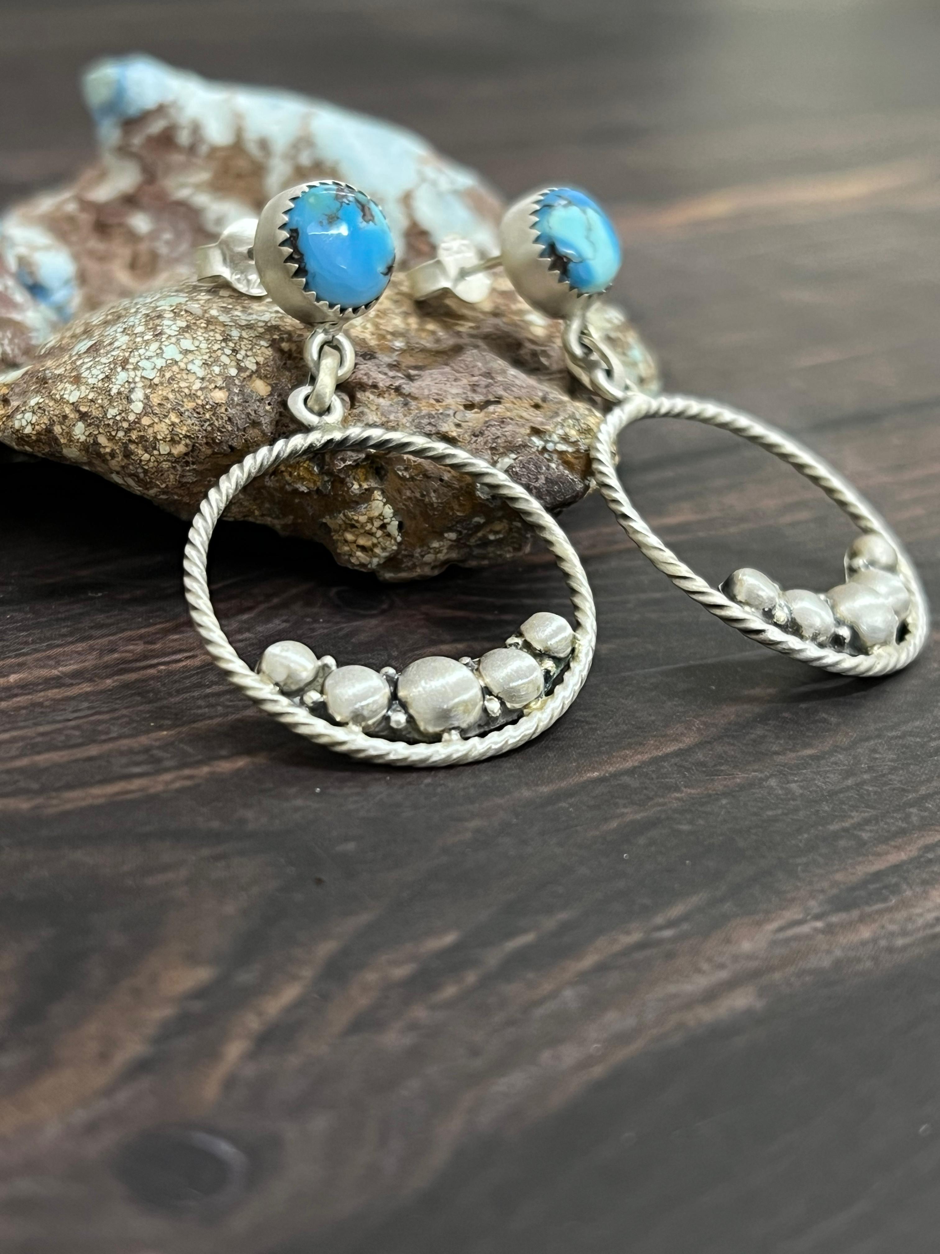 Handmade Sterling Silver Golden Hills Turquoise Post Hoop Earrings with Signed Nizhoni