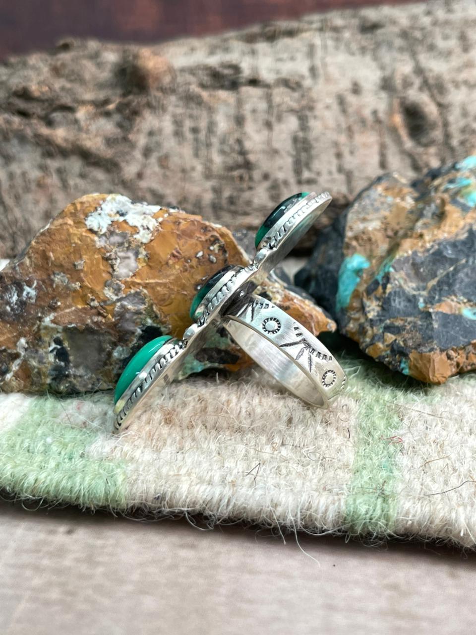 Handmade Sterling Silver Emerald Rose Adjustable Ring "Signed Nizhoni"