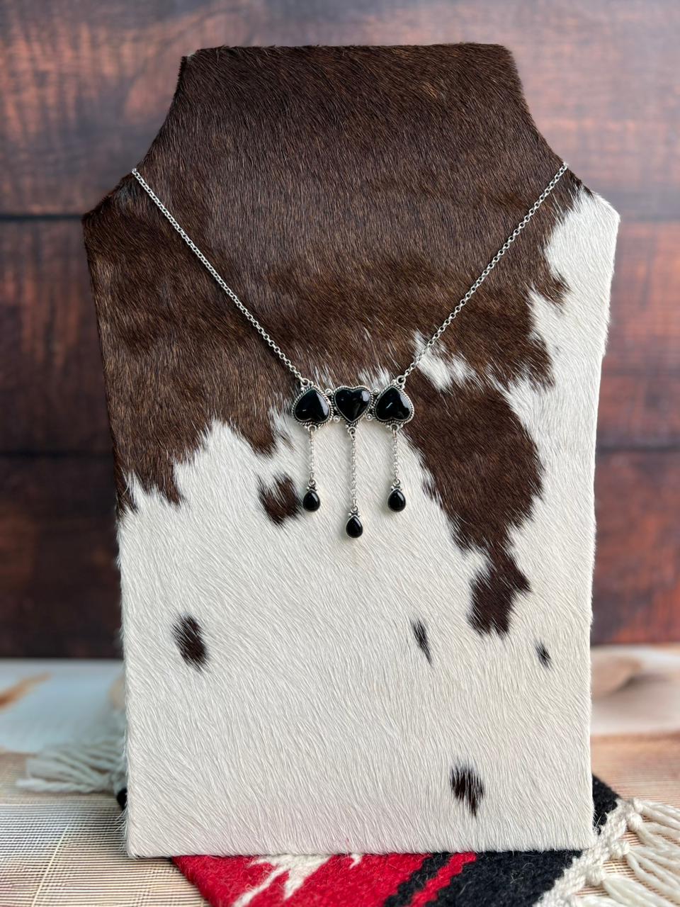 Handmade Sterling Silver Black Onyx Heart Shape Drop Necklace "Signed Nizhoni"