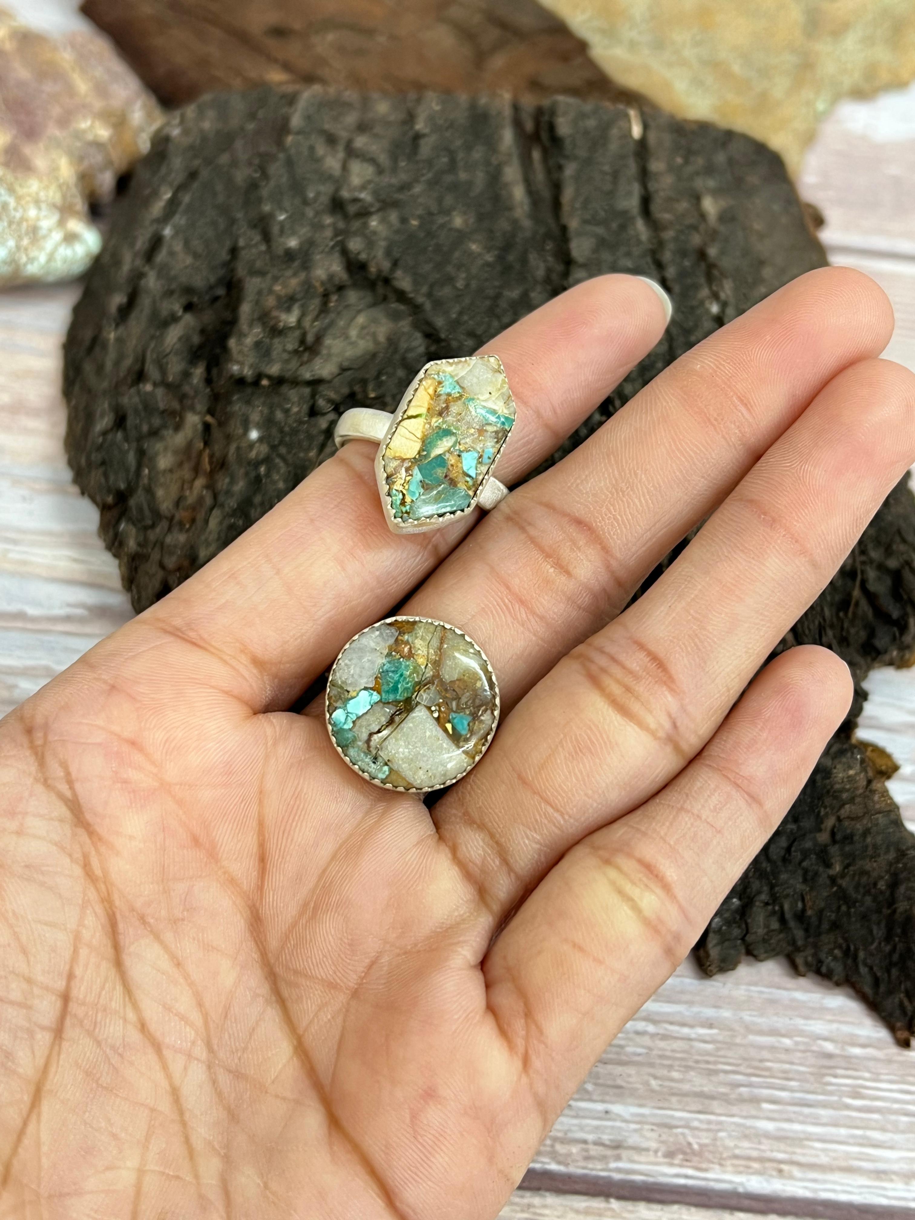 Handmade Sterling Silver Royston Turquoise Adjustable Ring with Signed Nizhoni