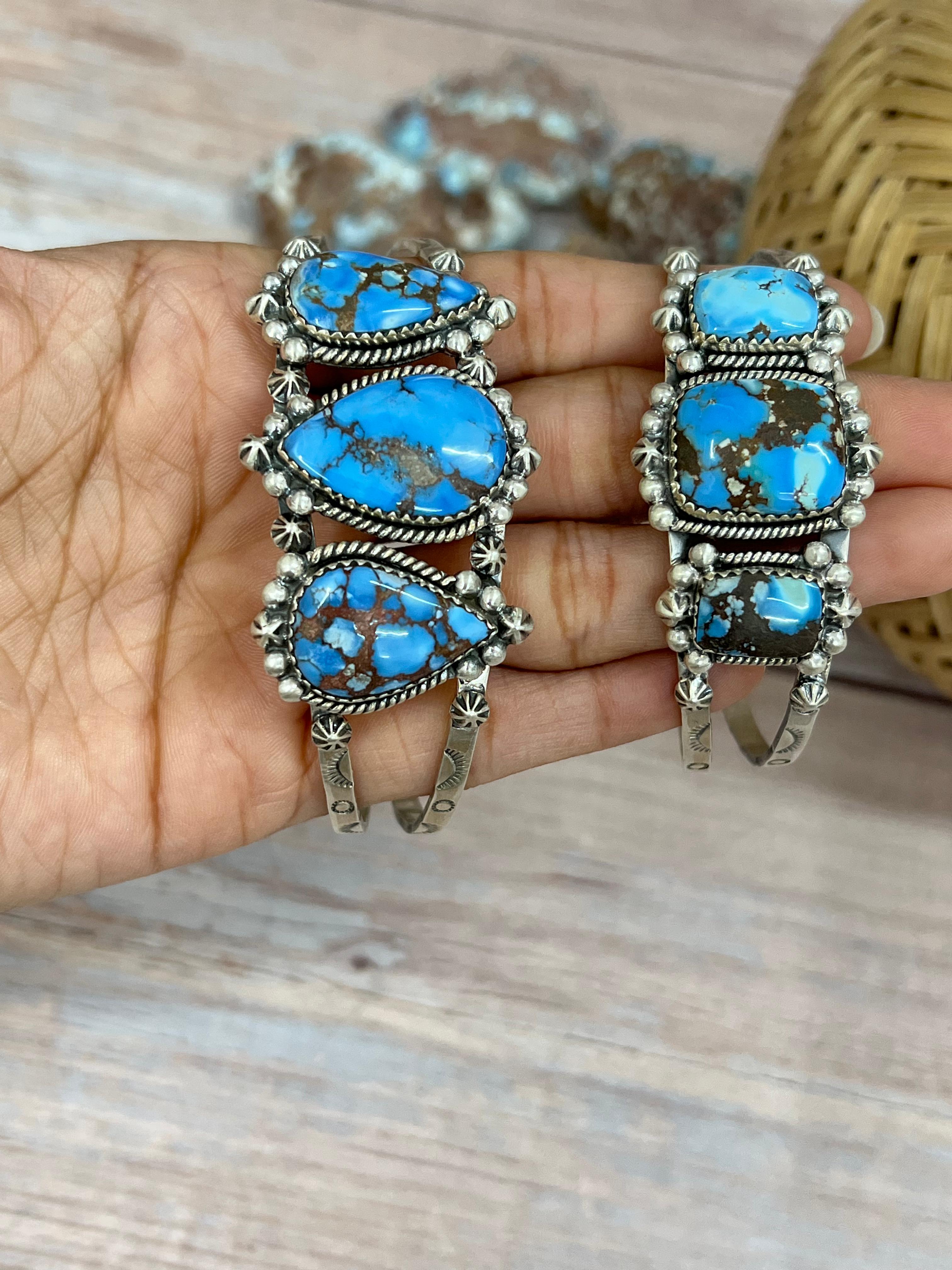 Handmade Sterling Silver Golden Hills Turquoise Cuff Bracelet with Signed Nizhoni /