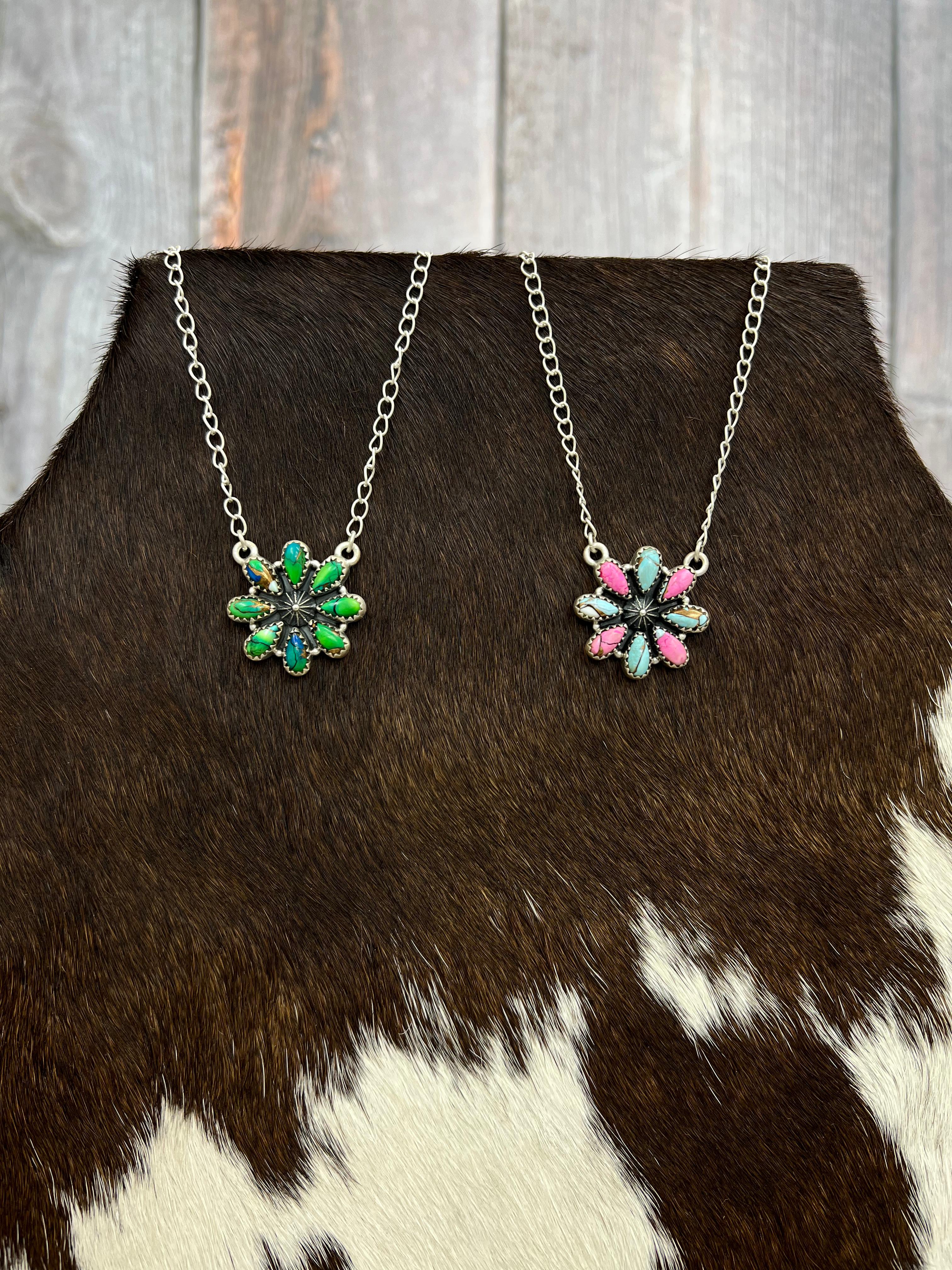 Handmade Sterling Silver Peacock Dahlia, Cotton Candy Turquoise Necklace with Signed Nizhoni