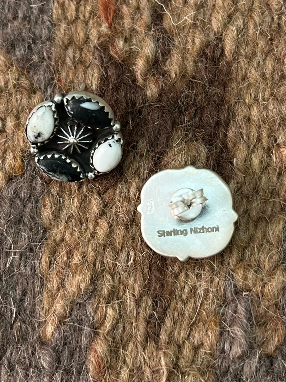 Handmade Sterling Silver White Buffalo Post Studs Earrings "Signed Nizhoni"