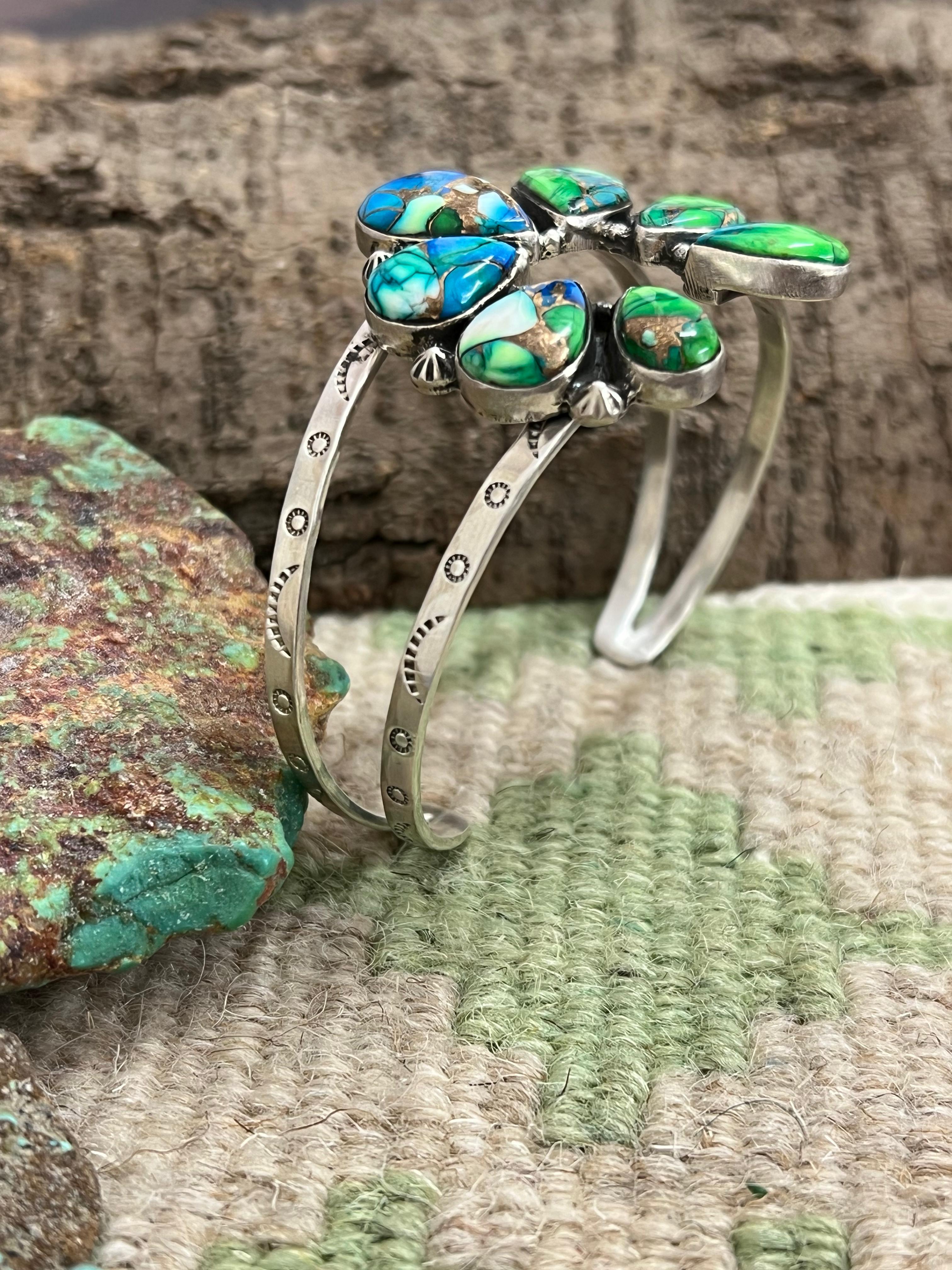 Handmade Sterling Silver Peacock Dahlia Cuff Bracelet with Signed Nizhoni