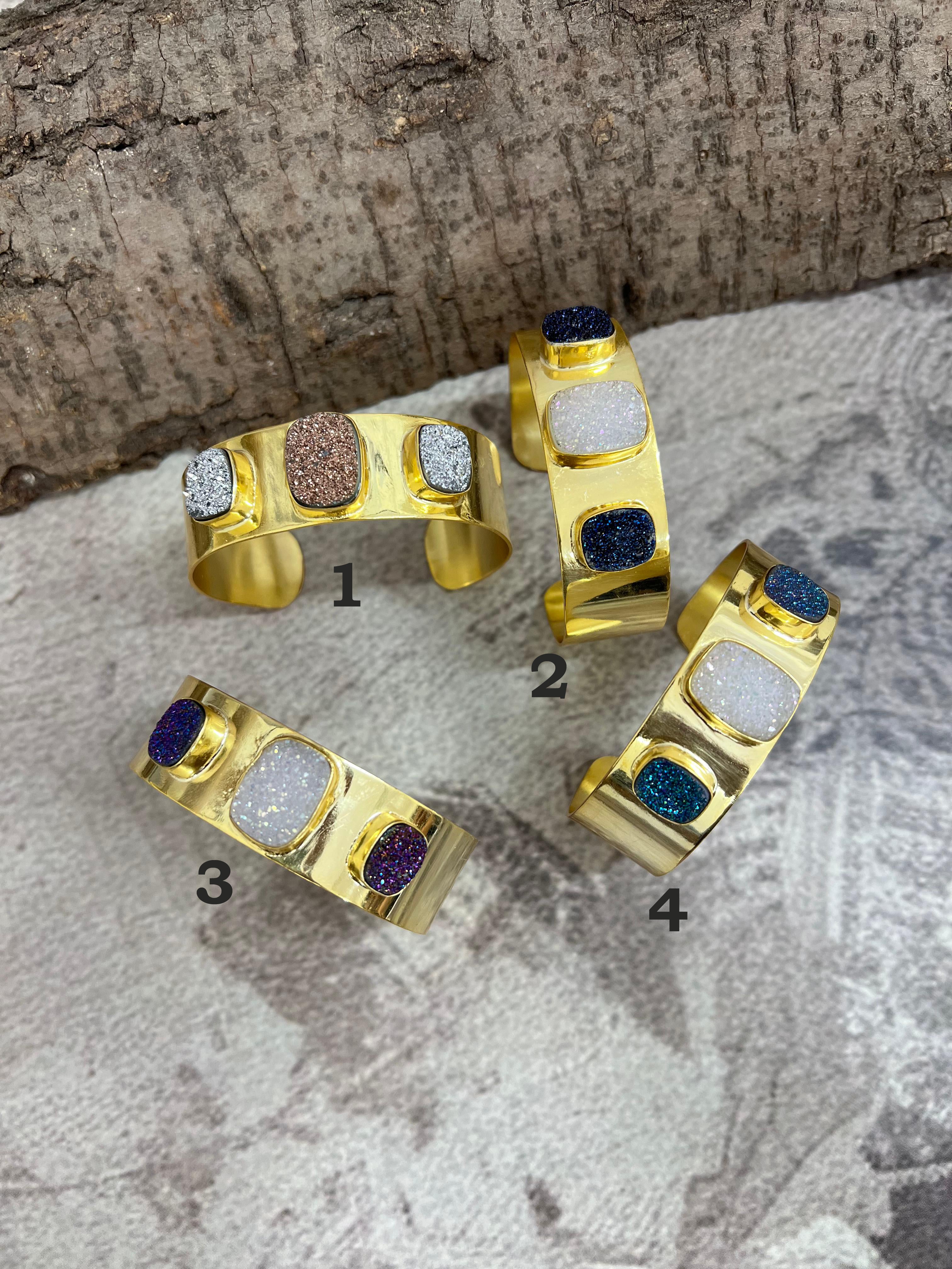 “The Boho Collection” Handmade Natural Gold Plated 3 Stone Druzy Cuff Bracelet