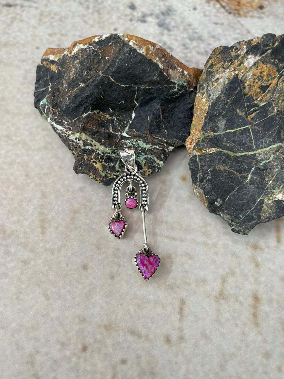 "Heart Collection" Handmade Sterling Silver Hot Pink Pendant "Signed Nizhoni"