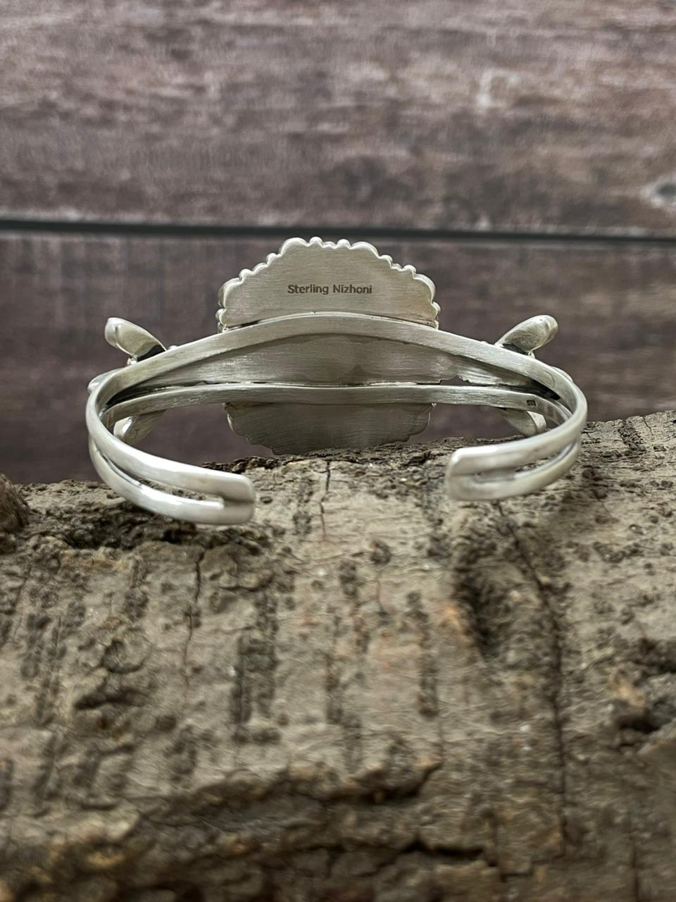 "Christmas Collection" Handmade Sterling Silver White Buffalo With Red Opal Cuff Bracelet "Signed Nizhoni"