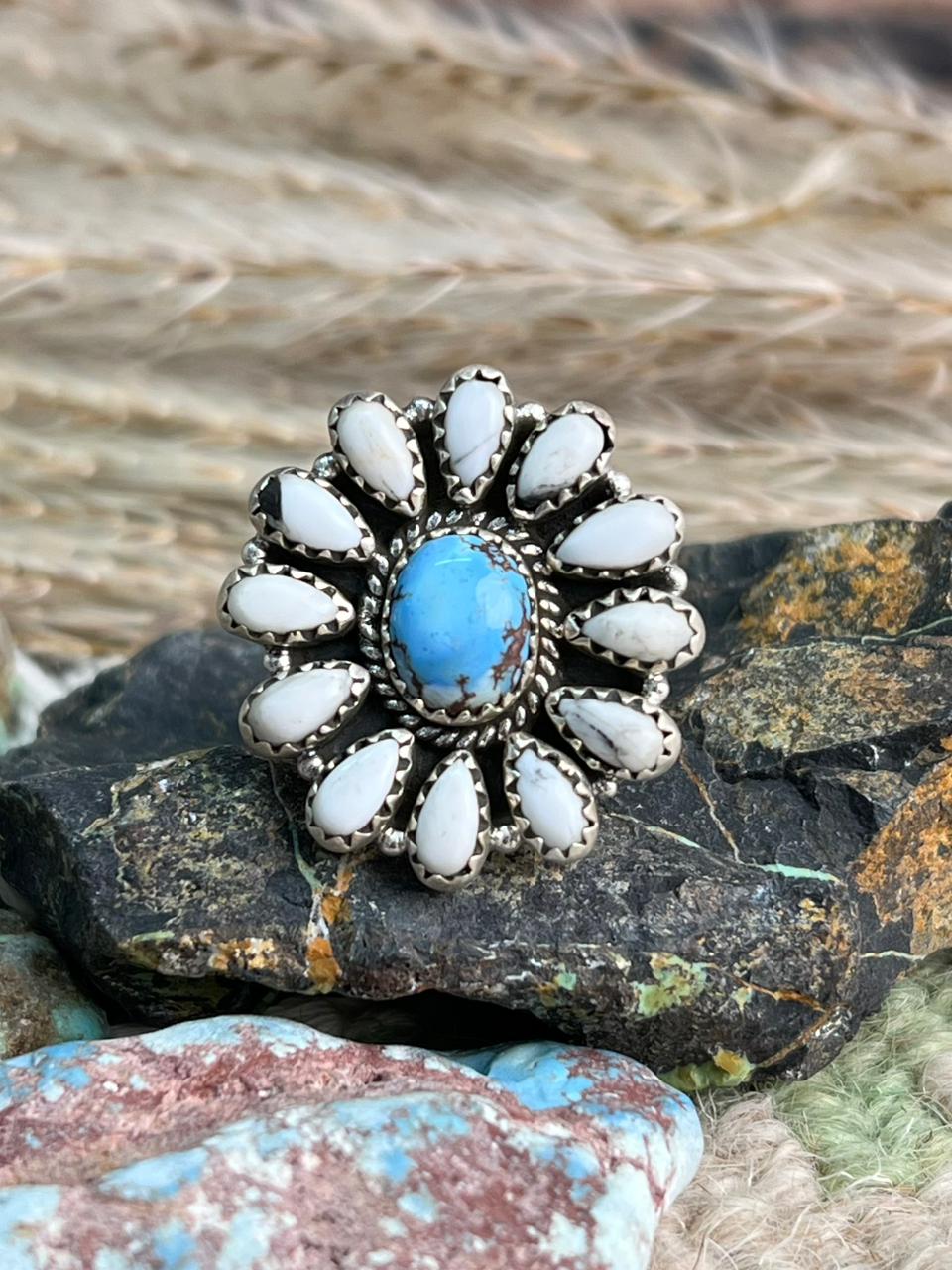 Handmade Sterling Silver White Buffalo with Golden Hills Turquoise Adjustable Ring "Signed Nizhoni"