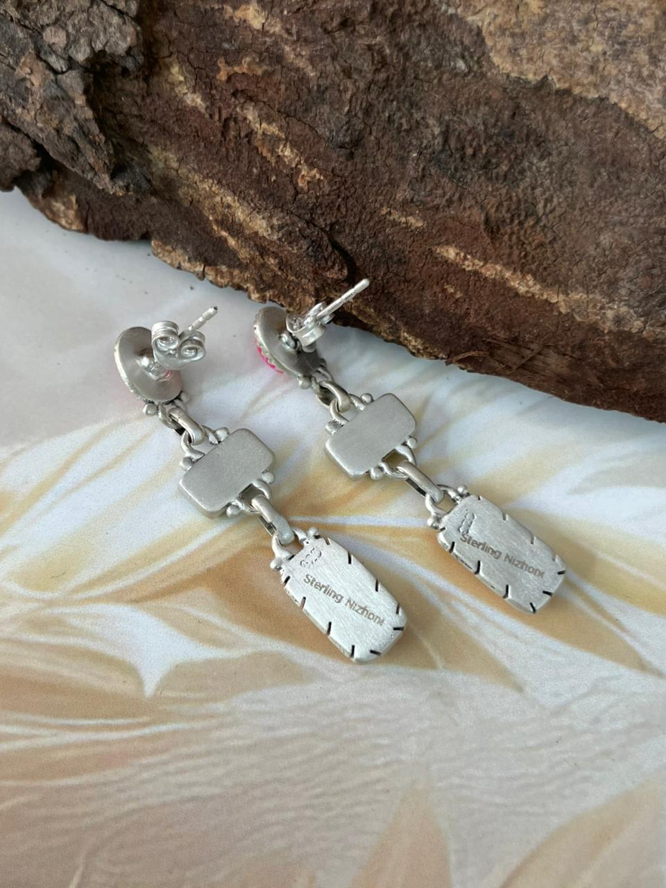 Handmade Sterling Silver Spring Collection: Hot Pink with Kingman Post Dangle Earrings "Signed Nizhoni"