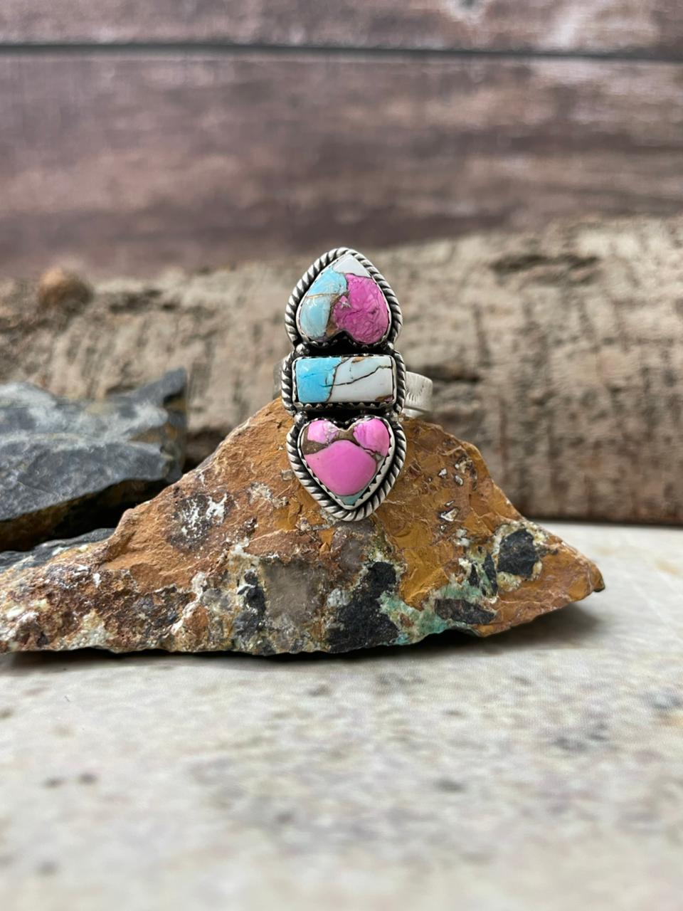 "Heart Collection" Handmade Sterling Silver Cotton Candy Adjustable Ring "Signed Nizhoni"