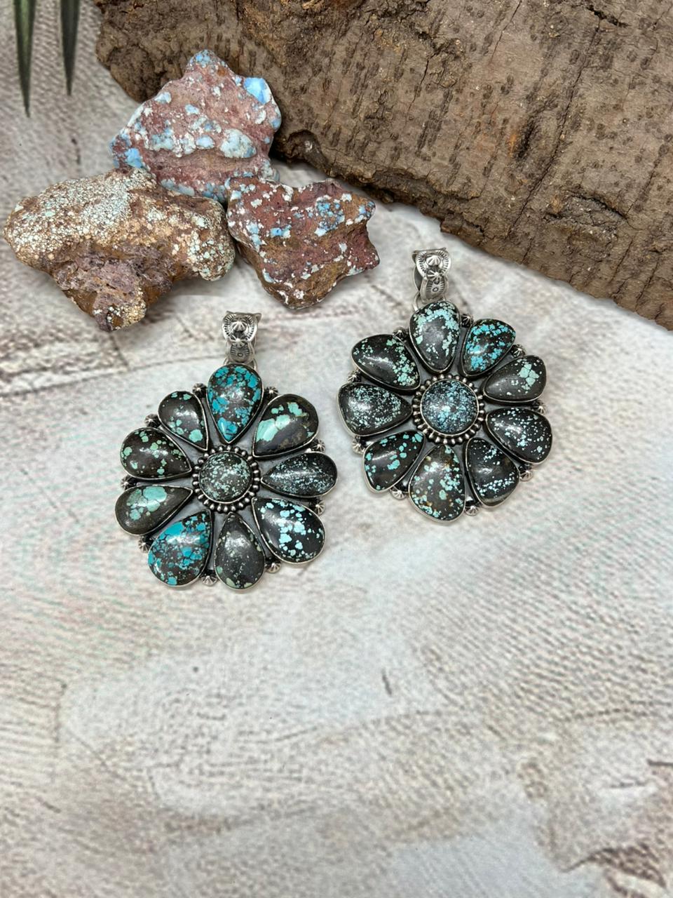 Handmade Sterling Silver Lander Turquoise Pendant with Signed Nizhoni