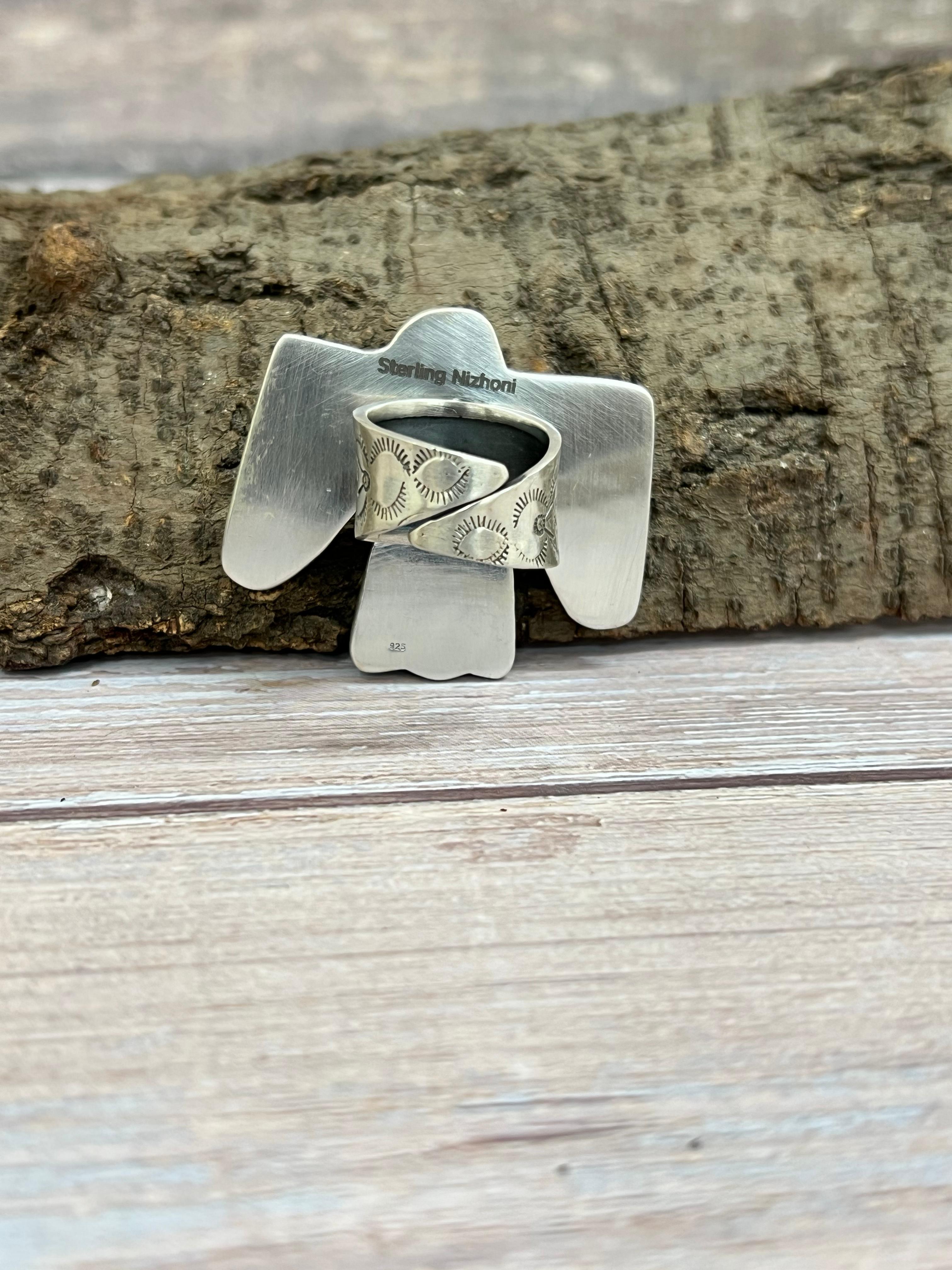 Handmade Sterling Silver Sonoran Mountain Turquoise Thunder Bird Adjustable Ring with Signed Nizhoni