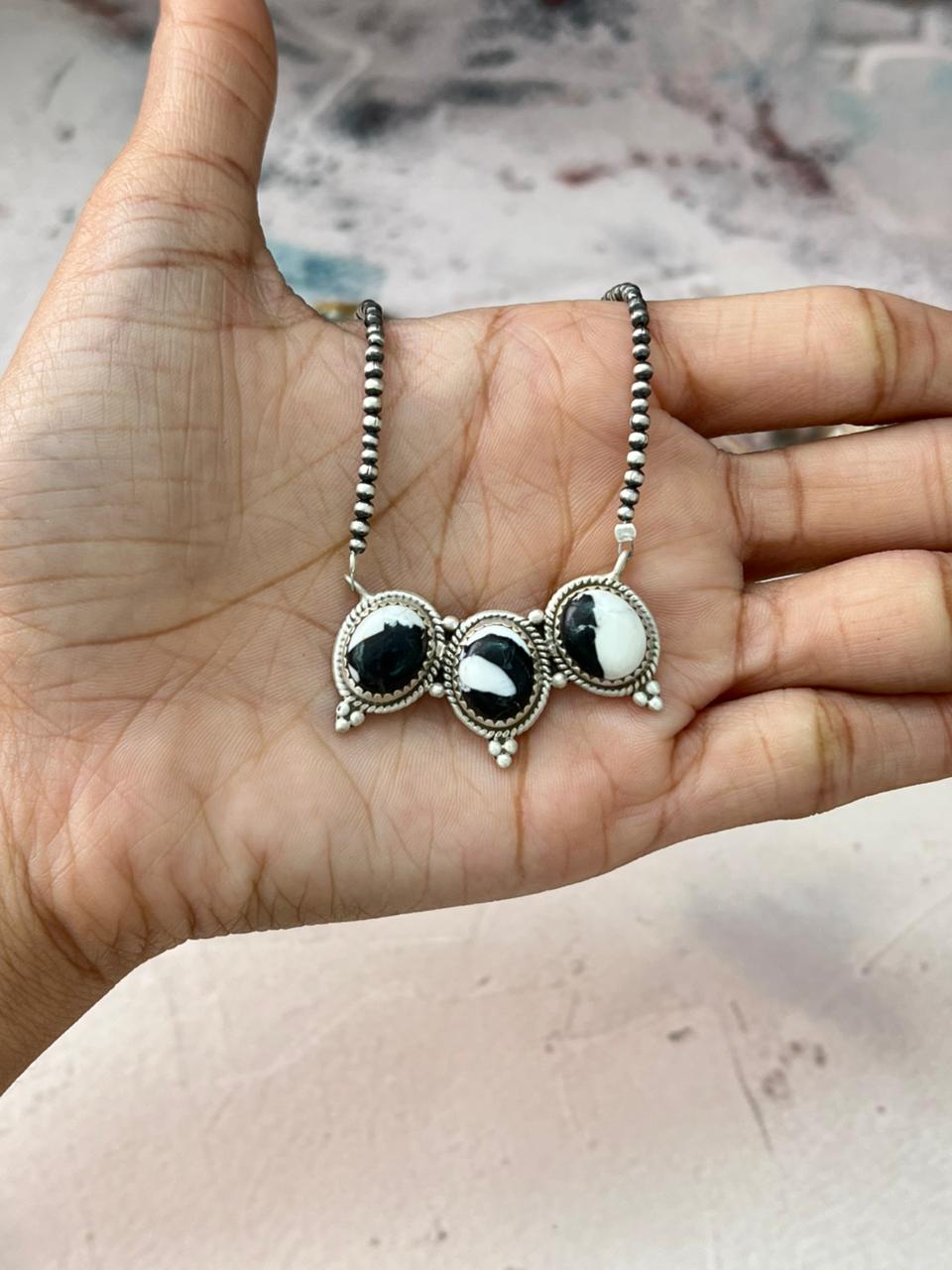 Handmade Sterling Silver White Buffalo Beaded Necklace "Signed Nizhoni"