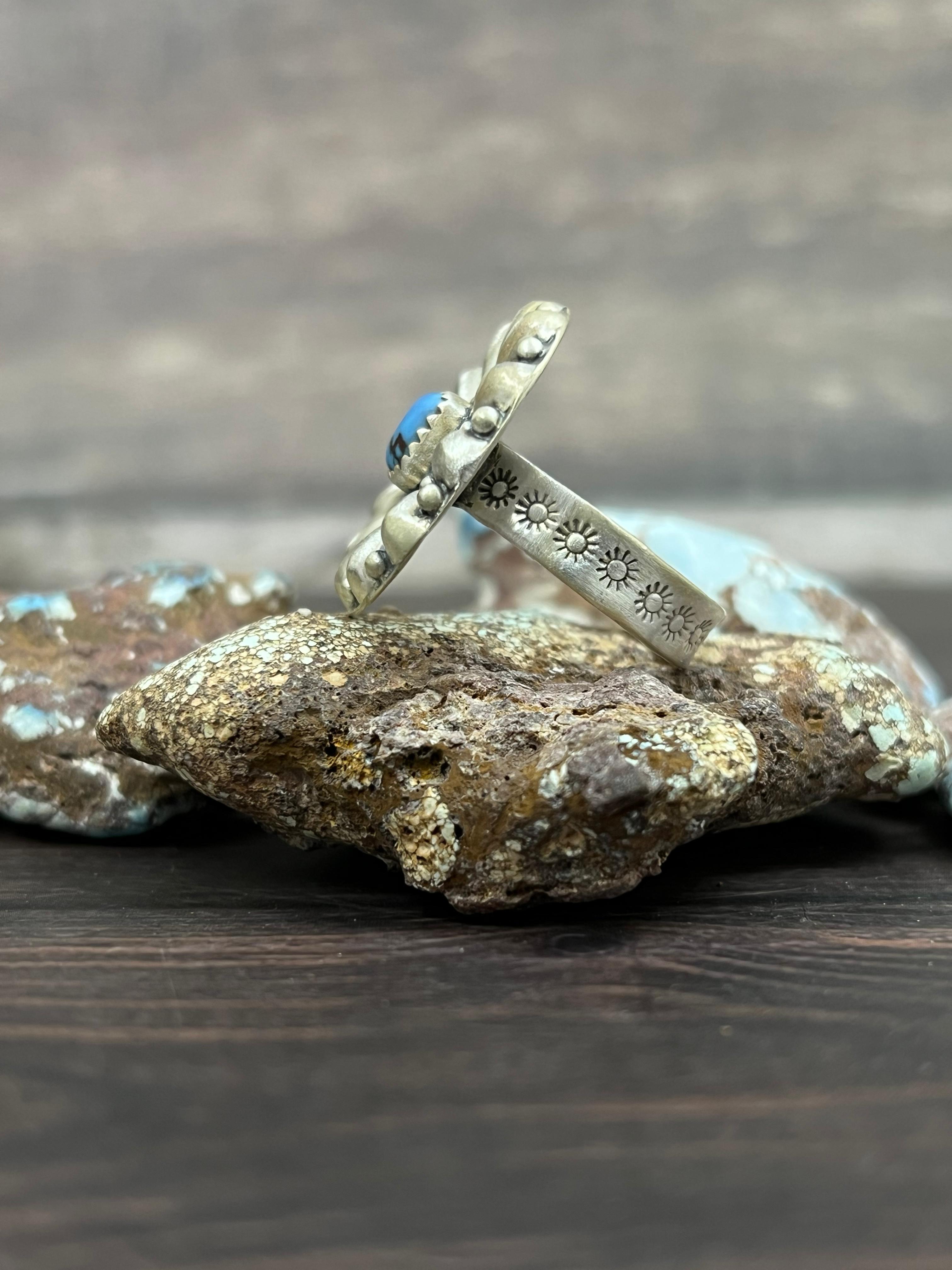 Handmade Sterling Silver with Golden Hills Turquoise Adjustable Ring With Signed Nizhoni