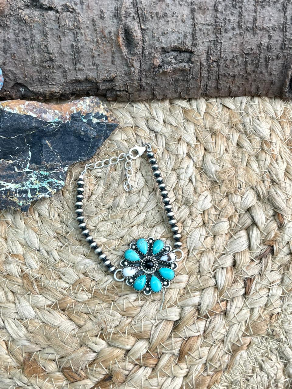 Handmade Sterling Silver Beaded Kingman with Wildhorse, Black Onyx Chain Bracelet "Signed Nizhoni"