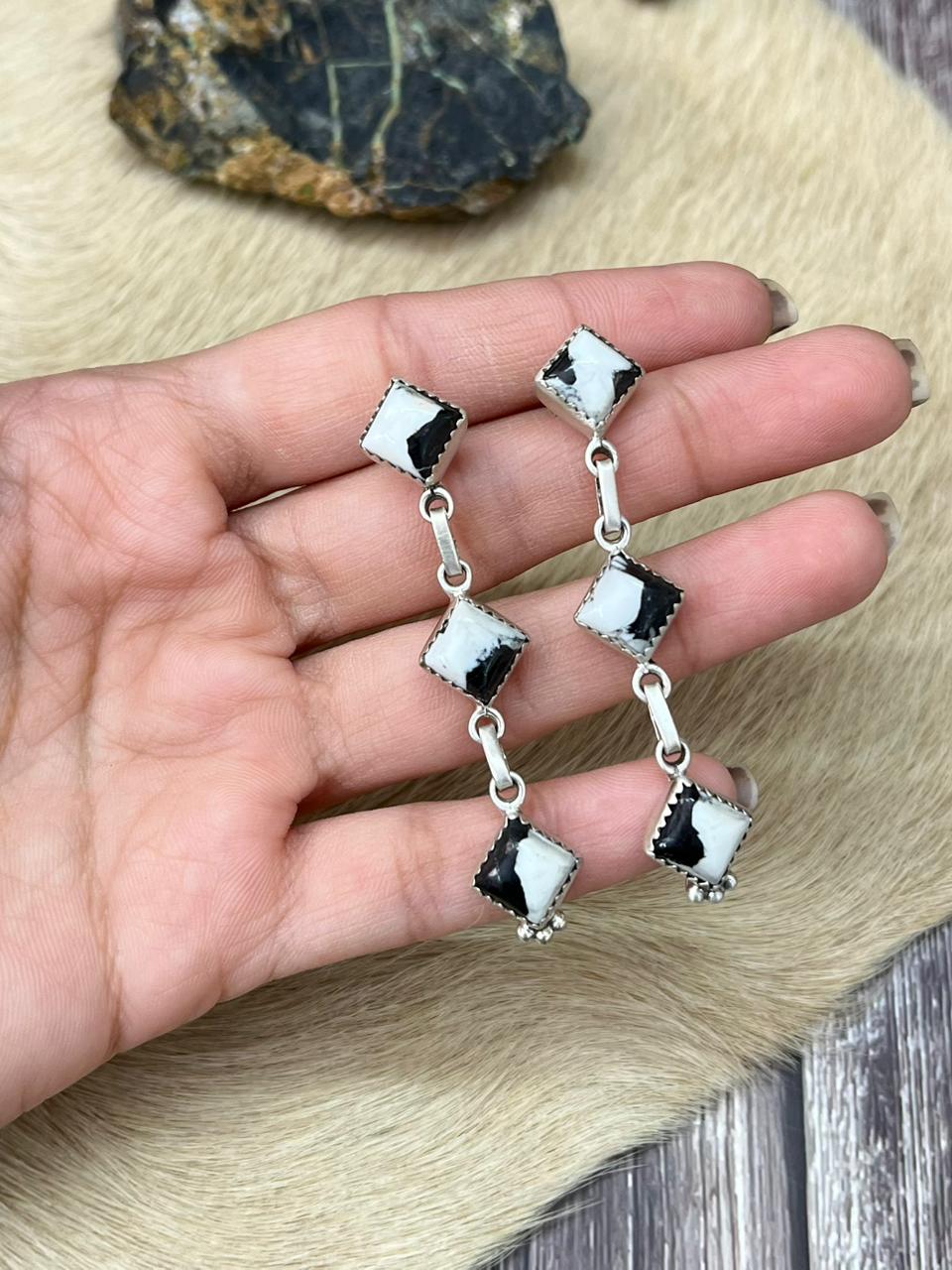 Handmade Sterling Silver White Buffalo Post Dangle Earrings "Signed Nizhoni"