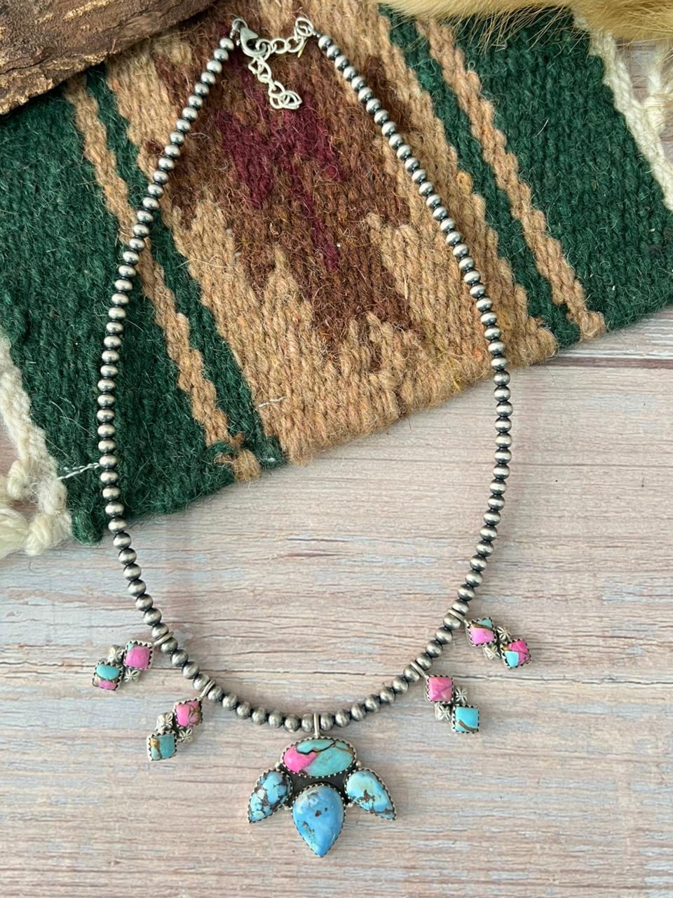 Handmade Sterling Silver Golden Hills with Cotton Candy Beaded Necklace "Signed Nizhoni"