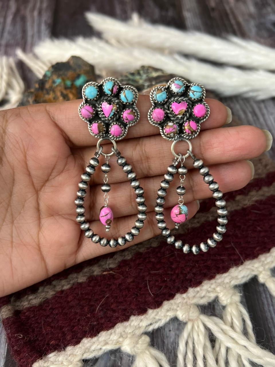 Handmade Sterling Silver Cotton Candy Post Beaded Dangle Earrings "Signed Nizhoni"