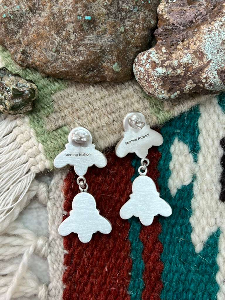 Handmade Sterling Silver Kingman Turquoise Post Dangle Earrings with Signed Nizhoni