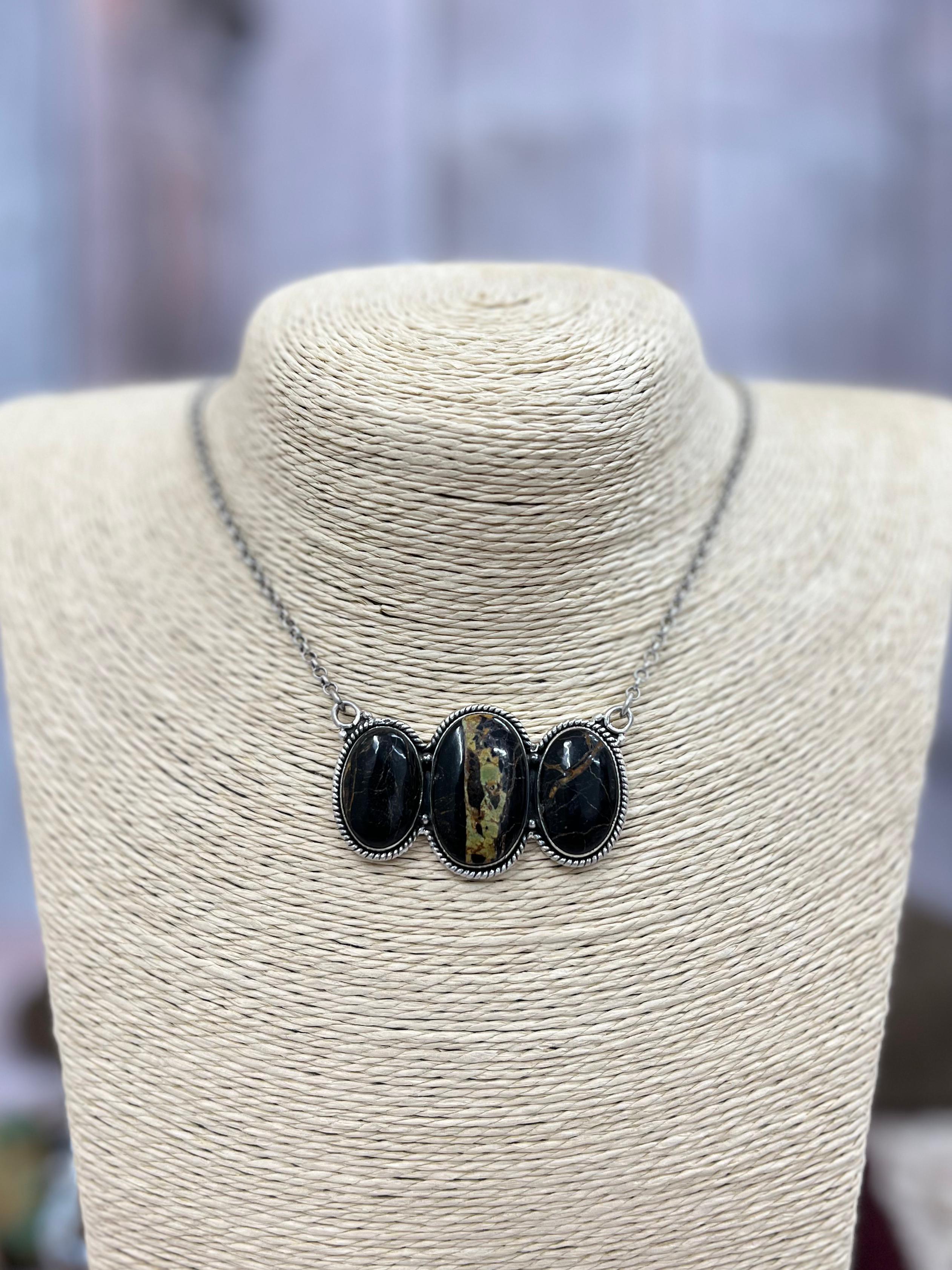 Handmade Sterling Silver Black Jack Necklace with Signed Nizhoni