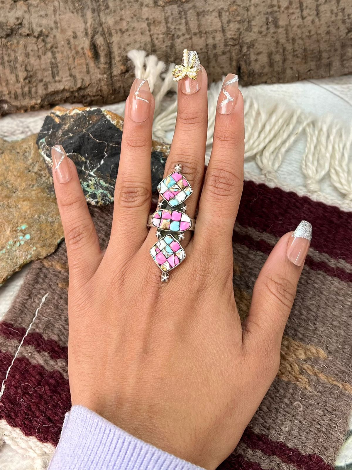 Handmade Sterling Silver Cotton Candy Adjustable Ring "Signed Nizhoni"