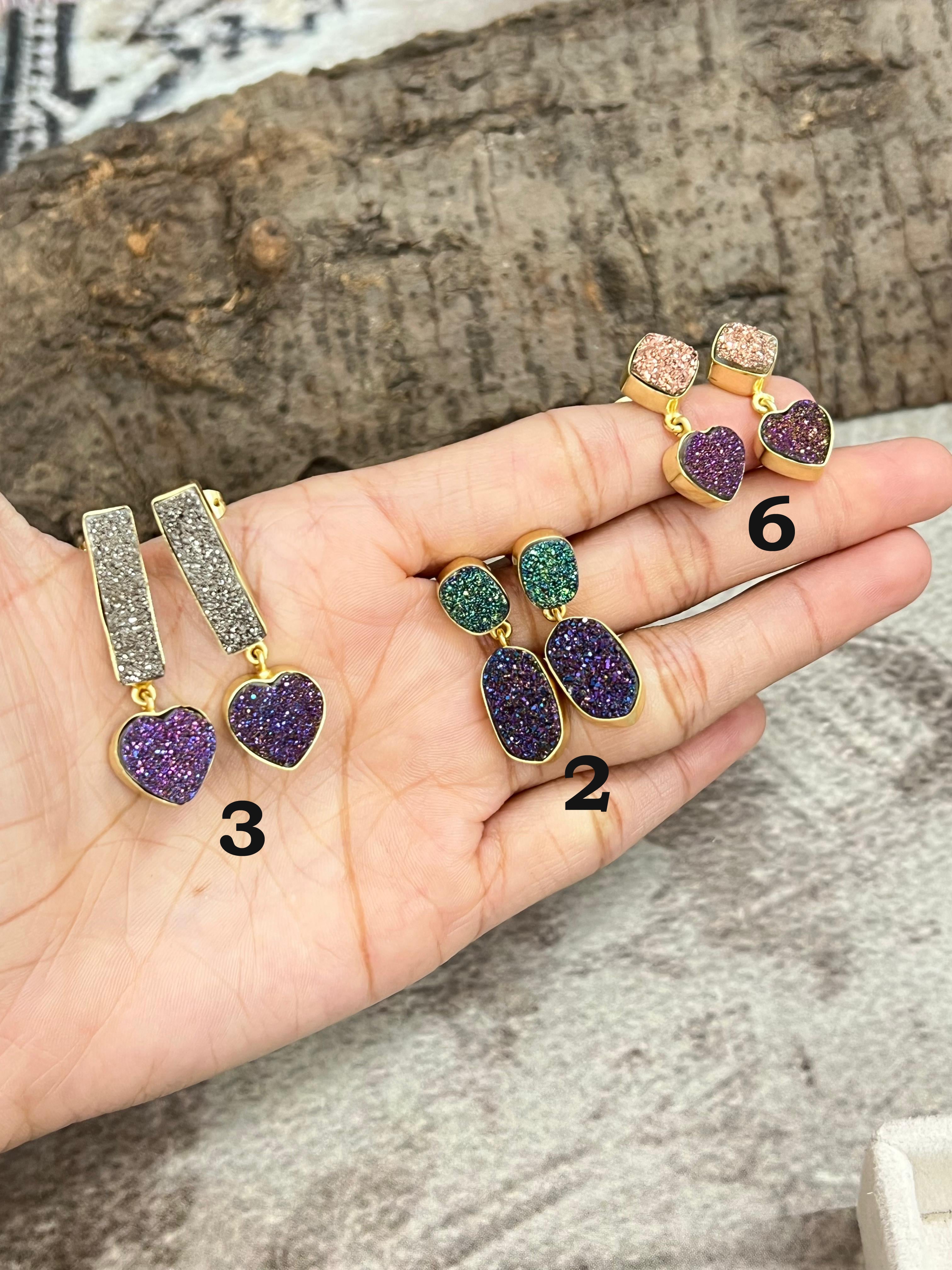 “The Boho Collection” Natural Handmade 2 Stone Druzy Post Dangle Earrings