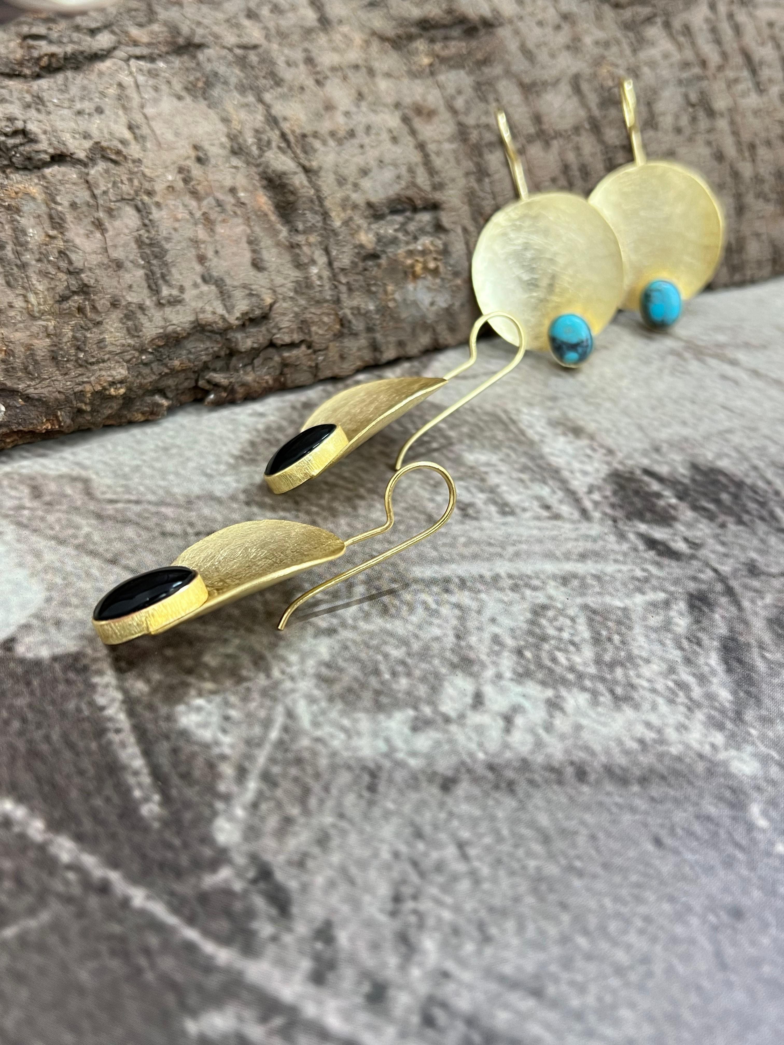 “The Golden Collection” Handmade Natural Black Onyx, Kingman Turquoise Hook Earrings