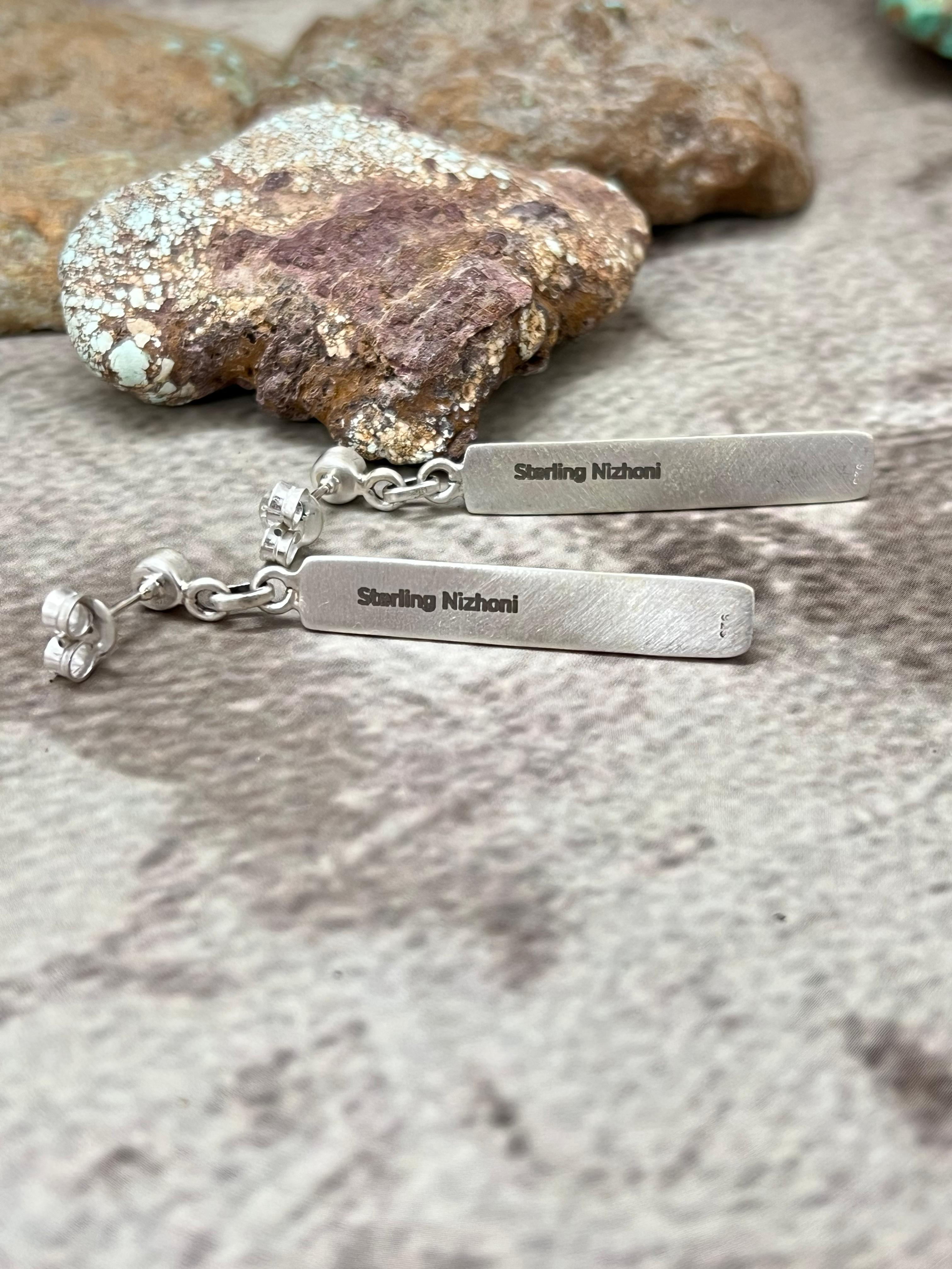 Handmade Sterling Silver Kingman Turquoise Post Dangle Earrings with Signed Nizhoni