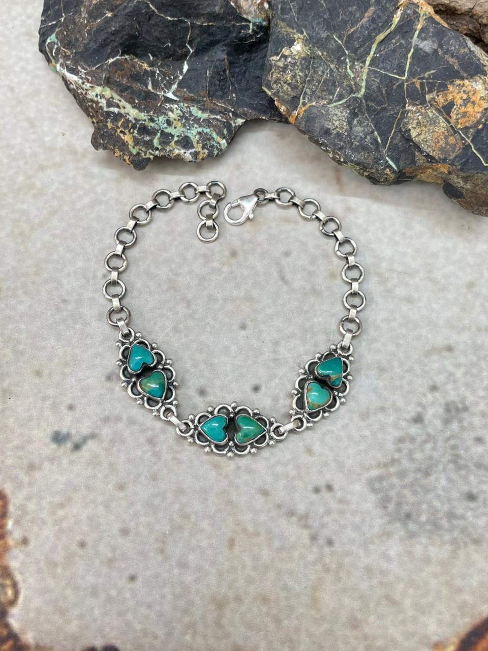 "Heart Collection" Handmade Sterling Silver Kingman Turquoise Chain Bracelet "Signed Nizhoni"