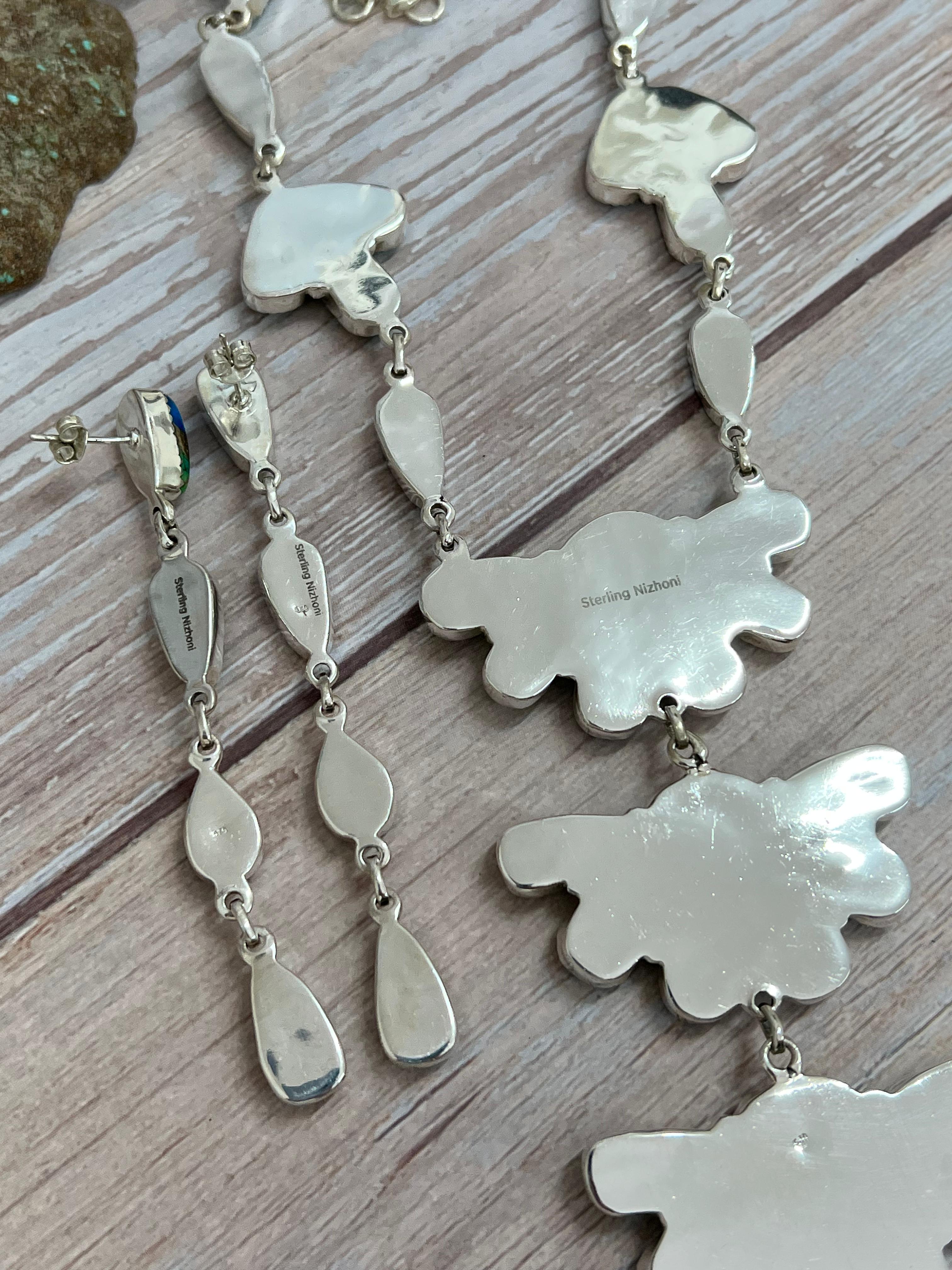 Handmade Sterling Silver Peacock Dahlia with Druzy Necklace Earrings Set with Signed Nizhoni