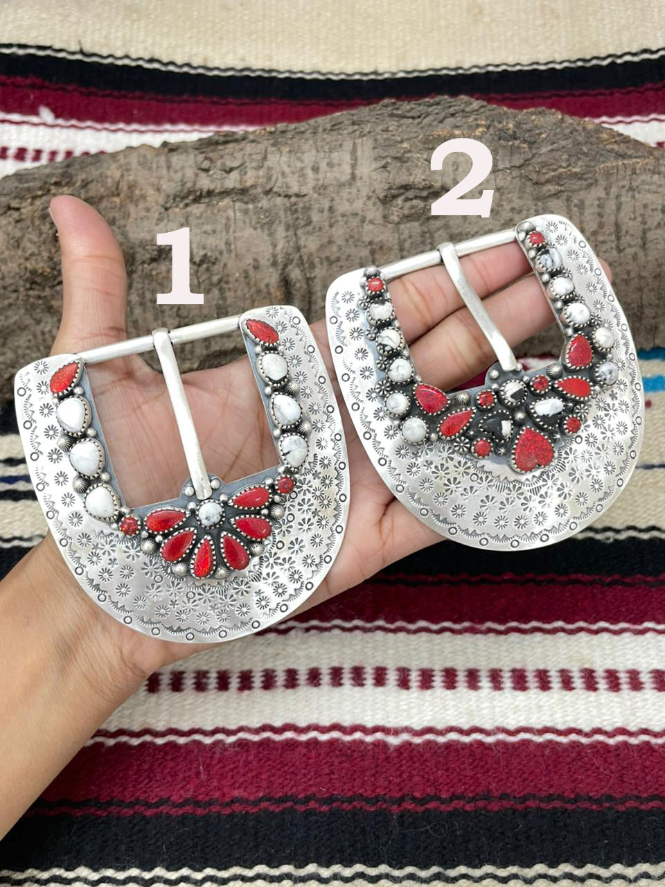 Handmade Sterling Silver Belt Buckle White Buffalo with Red Opal "Signed Nizhoni"