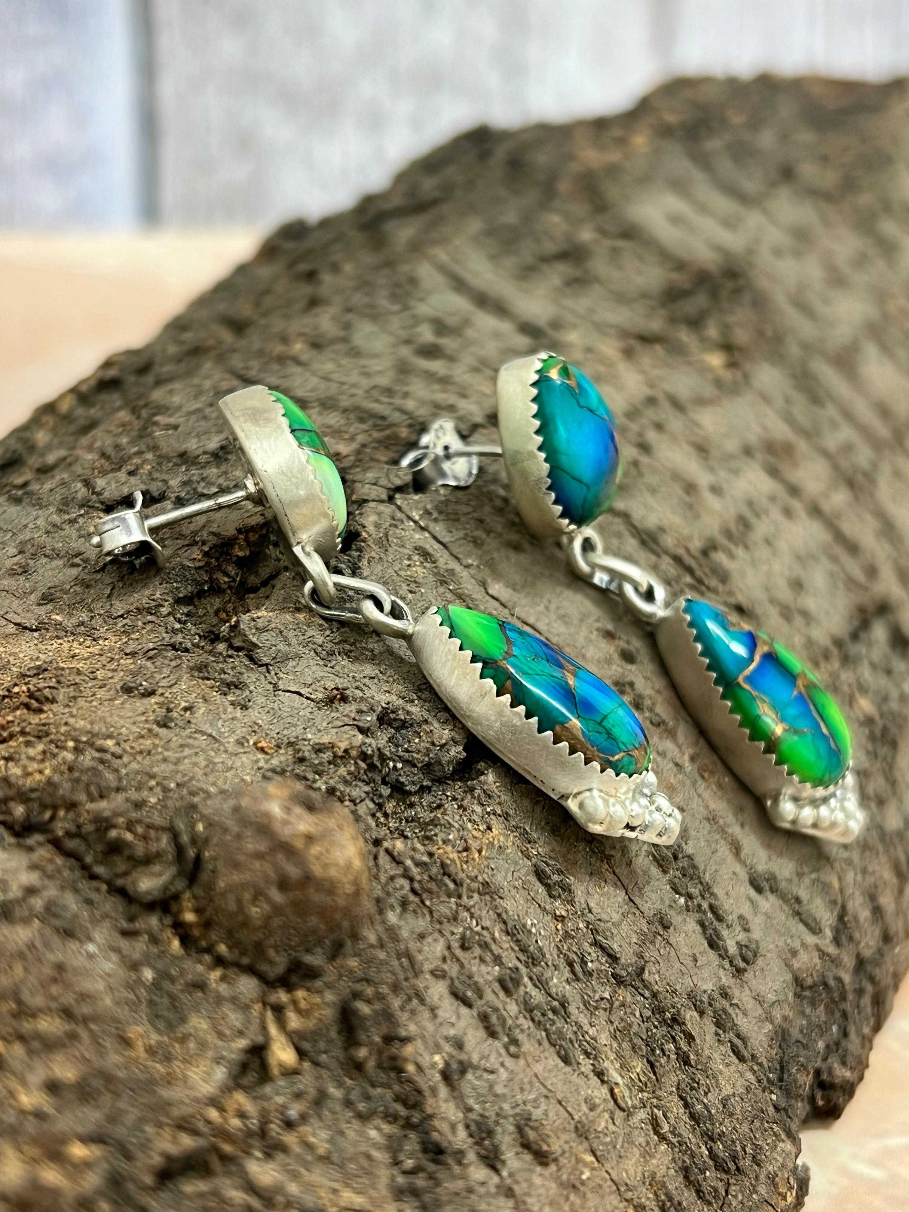 Handmade Sterling Silver Peacock Dahlia Post Earrings with Signed Nizhoni