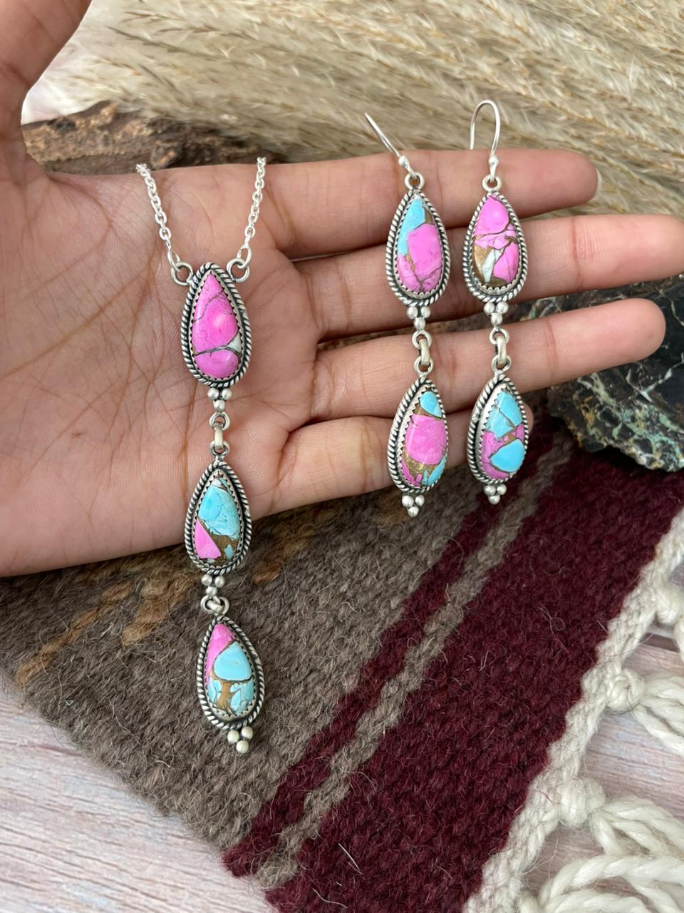 Handmade Sterling Silver Cotton Candy Necklace Earrings Set "Signed Nizhoni"