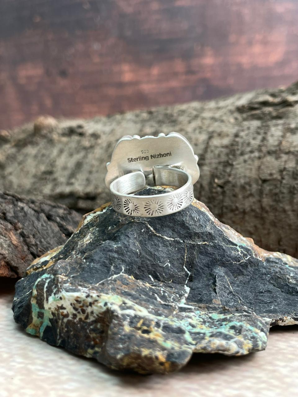 Handmade Sterling Silver Kingman with Wildhorse, Black Onyx Adjustable Ring "Signed Nizhoni"