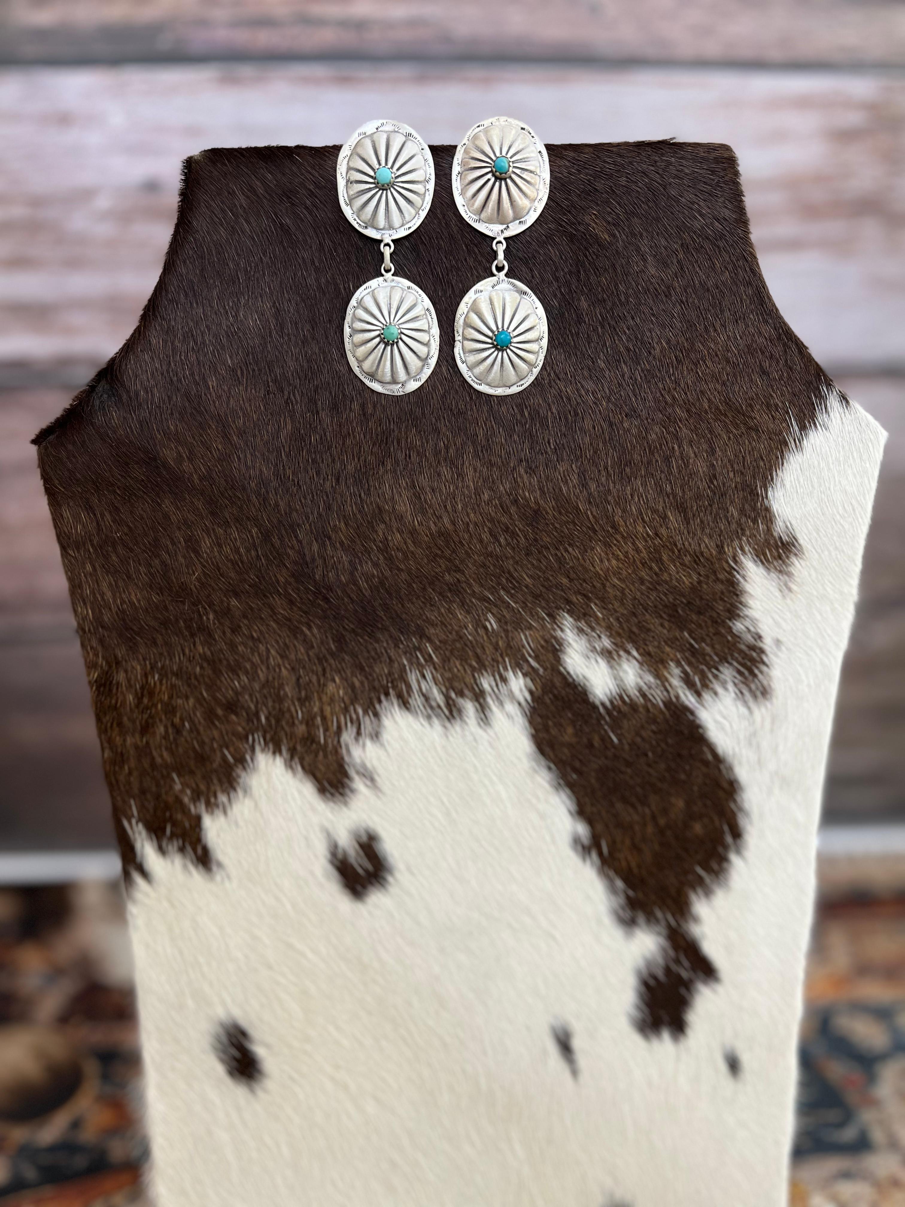 Handmade Sterling Silver Kingman Turquoise Post Dangle Earrings with Signed Nizhoni