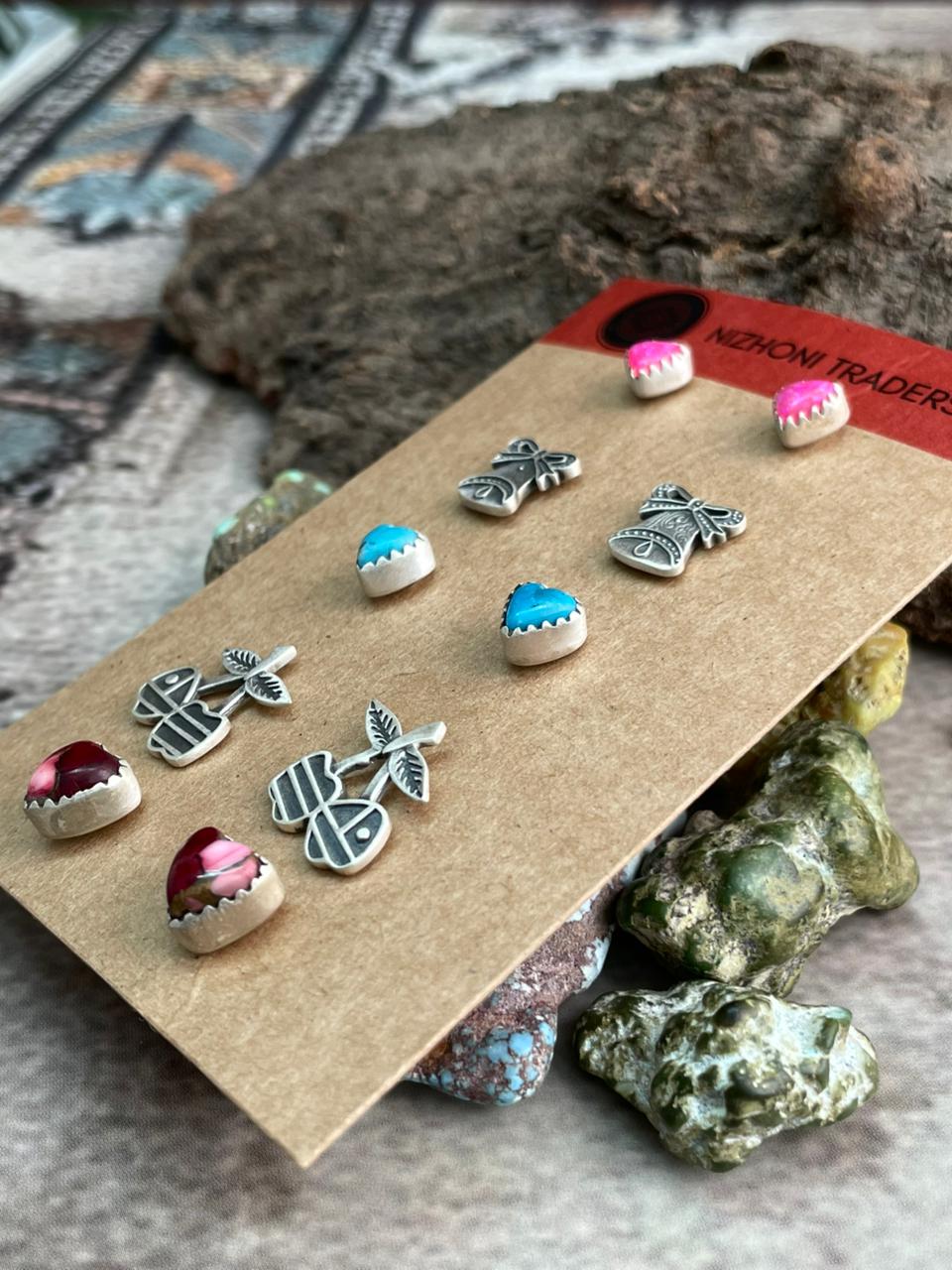 Handmade Sterling Silver Multi Stones Post Studs (Cards) "Signed Nizhoni"