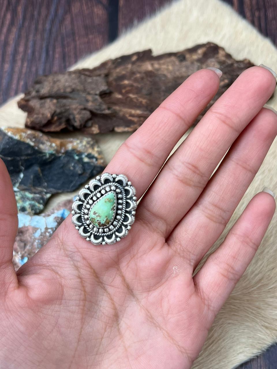 Handmade Sterling Silver Sonoran Mountain Turquoise Adjustable Ring "Signed Nizhoni"
