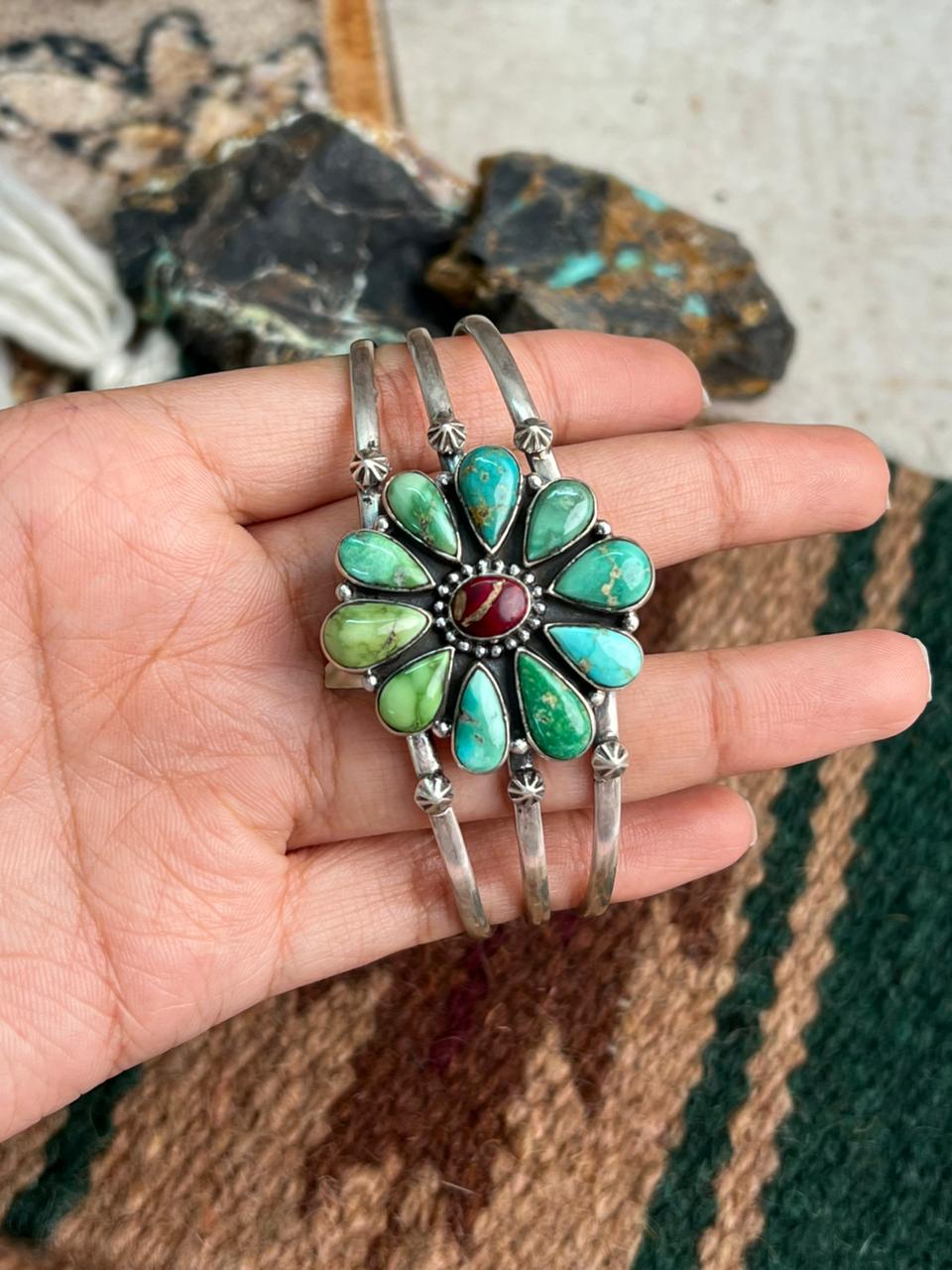 Handmade Sterling Silver Dahlia Rose with Emerald Valley Turquoise Cuff Bracelet "Signed Nizhoni"